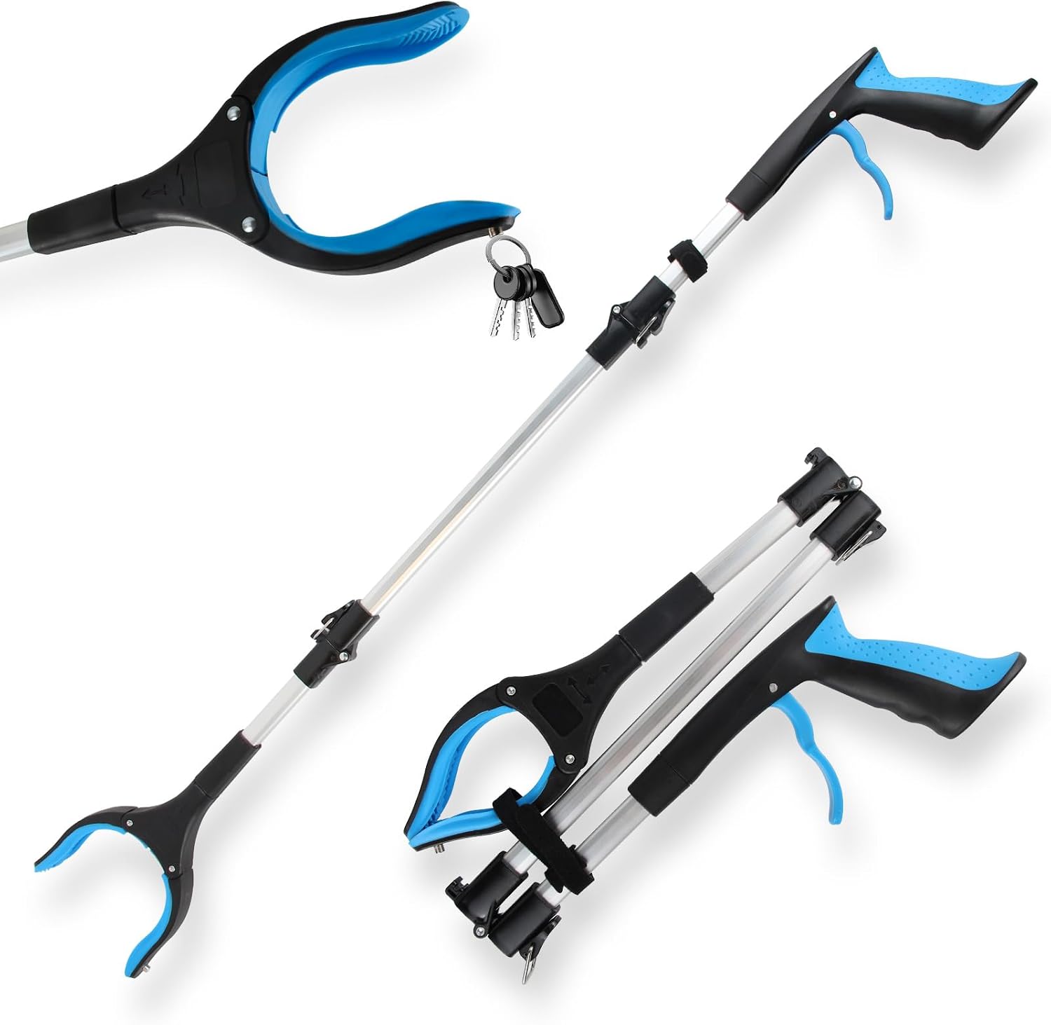 Outils de Ramassage, 91cm Pince telescopique Objet en Aluminium avec Tête Rotative 360° Poignée Ergonomique et Embouts Magnétiques pour la Collecte des Déchets (Bleu)