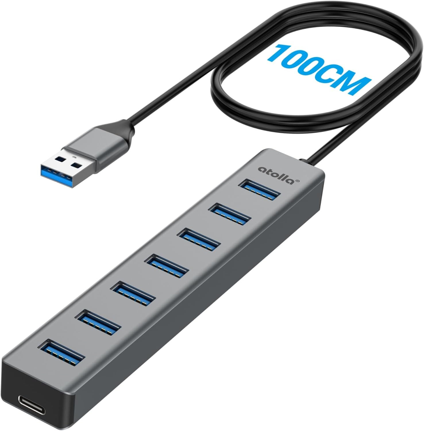 Hub USB 3.0 à 8 ports, répartiteur de données, en aluminium, avec câble de 100 cm, adaptateur multiport 5 Gbps pour ordinateur portable, compatible avec tous les appareils USB 3.0/2./1.0