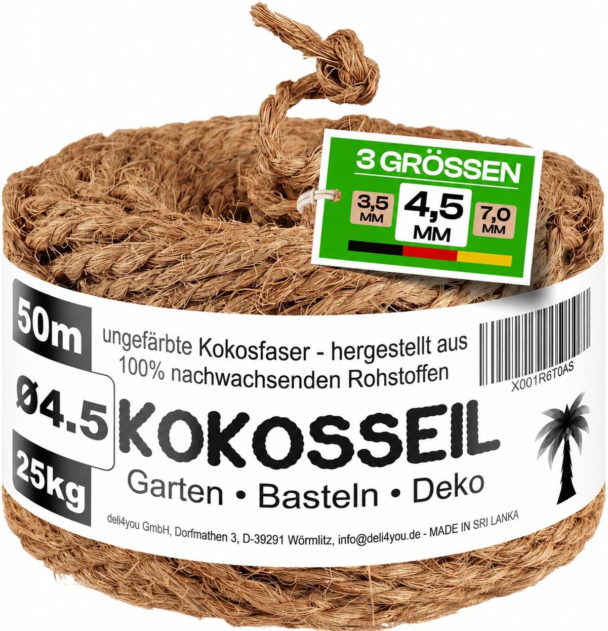 Corde en Fibre de Coco 4,5 mm x 50 m - Ficelle pour Jardinage, Bricolage et Décoration - Corde Arbre à Chat, Ficelle Jardin, Attache Tomate, Tuteur Arbre - Charge maxi : 25 kg