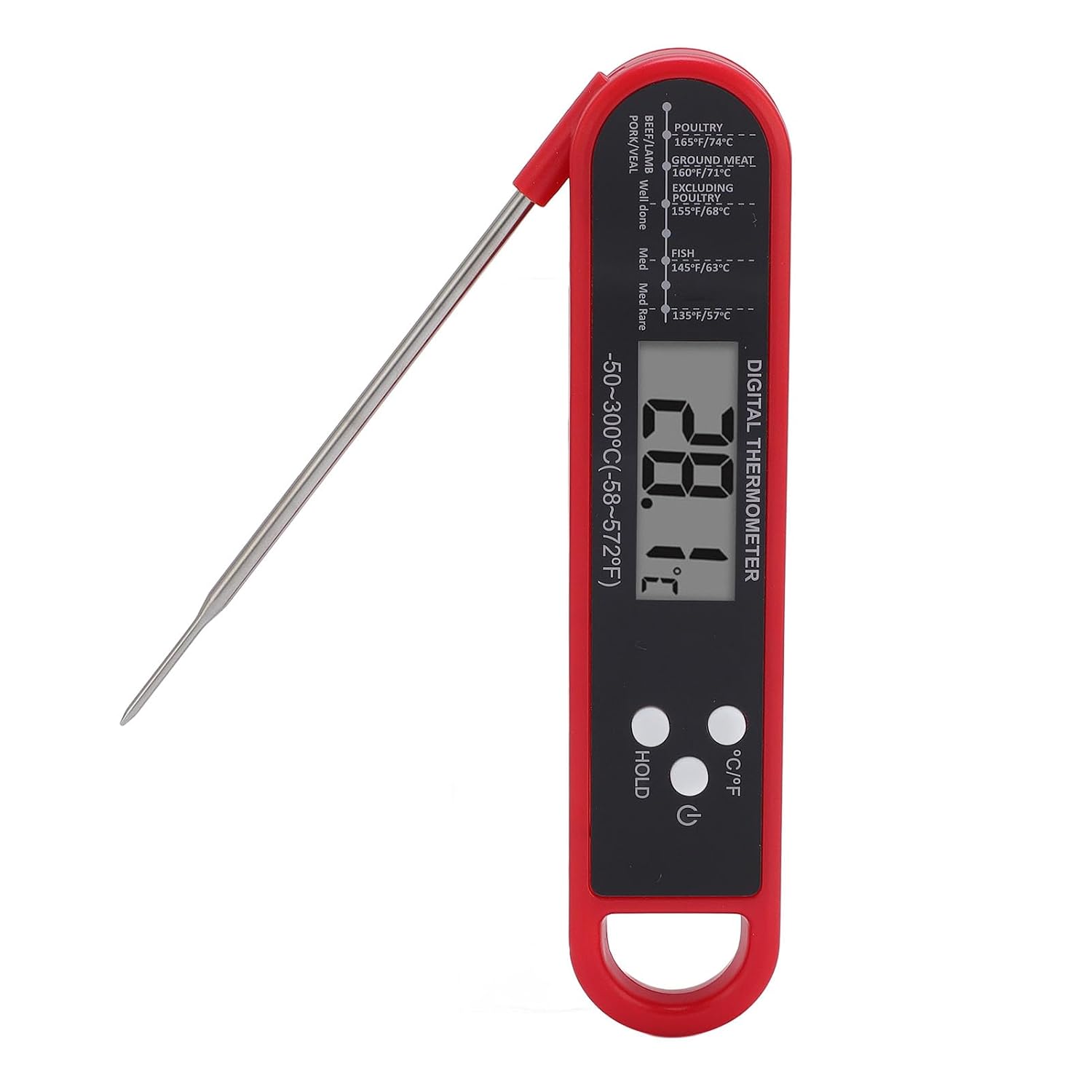 Dioche Thermomètre Alimentaire Cuisine Thermomètre Alimentaire Pliable Rouge avec Longue Sonde, à Viande Numérique, adapté à la Cuisson et aux Grillades, Conception Portable -50300 ℃ / -58572 ℉.