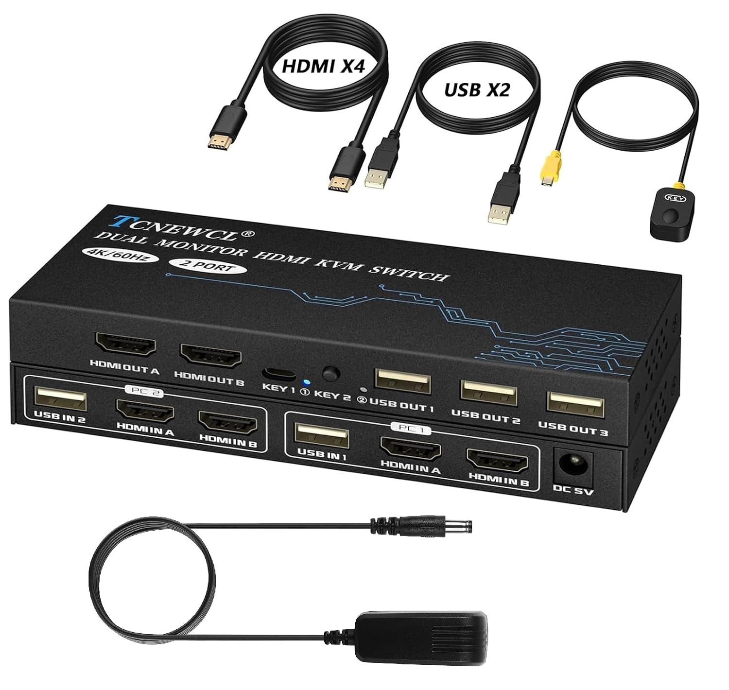 4K@60Hz Commutateur KVM Switch HDMI 2 Port, Switch KVM USB pour brancher 2 PC sur 1 écran & 2 périphériques USB2.0, avec 2 câbles USB et 2 câbles HDMI