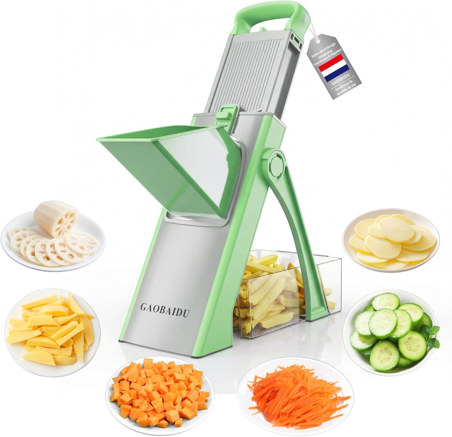 Mandoline de Cuisine Safety Slicer Manuelle Multifonction Tous Coupe Légumes Lame en Acier Inoxydable, Coupe Légumes en Julienne, Cubes et Patate Frite (vert grand c1)