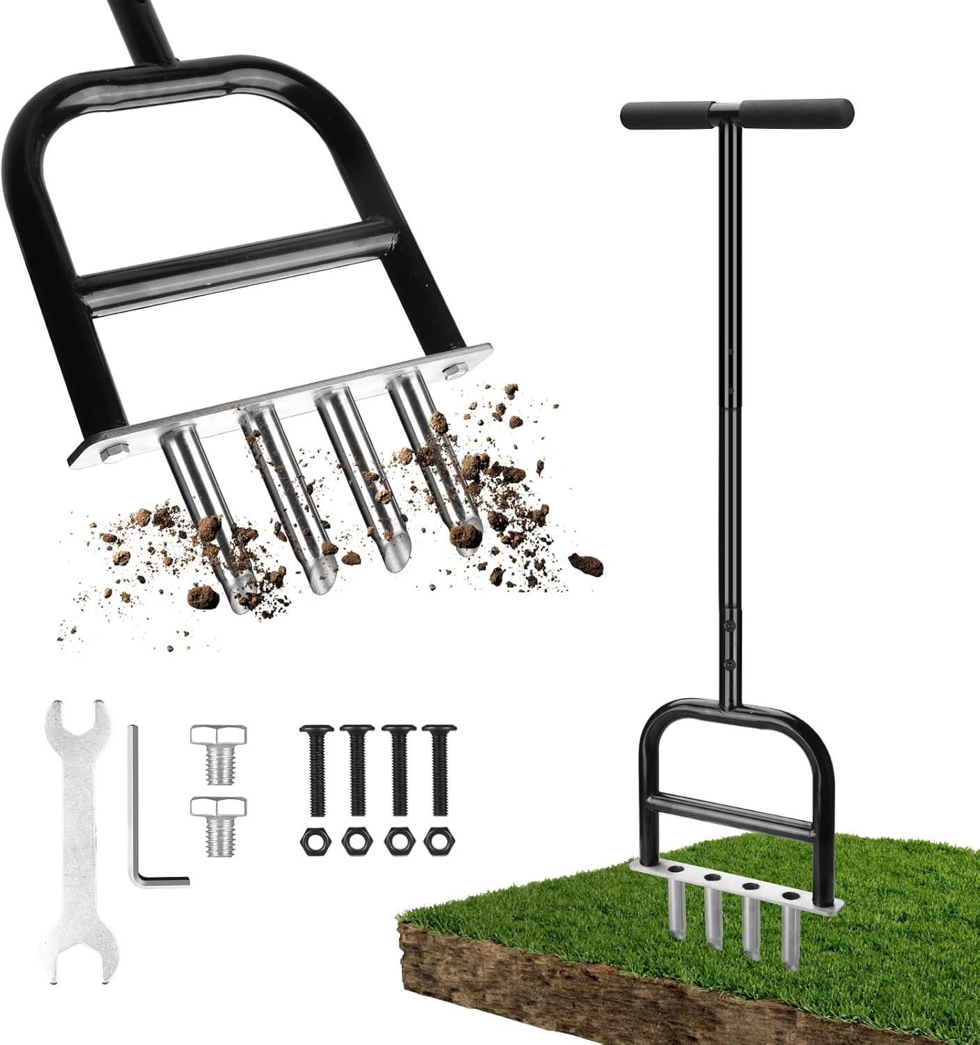 Aérateur Gazon Manuel à Ressort, Multi-Pointes en Acier, Nettoyage Automatique, Hauteur Réglable 35-40 Pouces, Scarificateur Pelouse pour Jardin, Cour, Seniors et Femmes