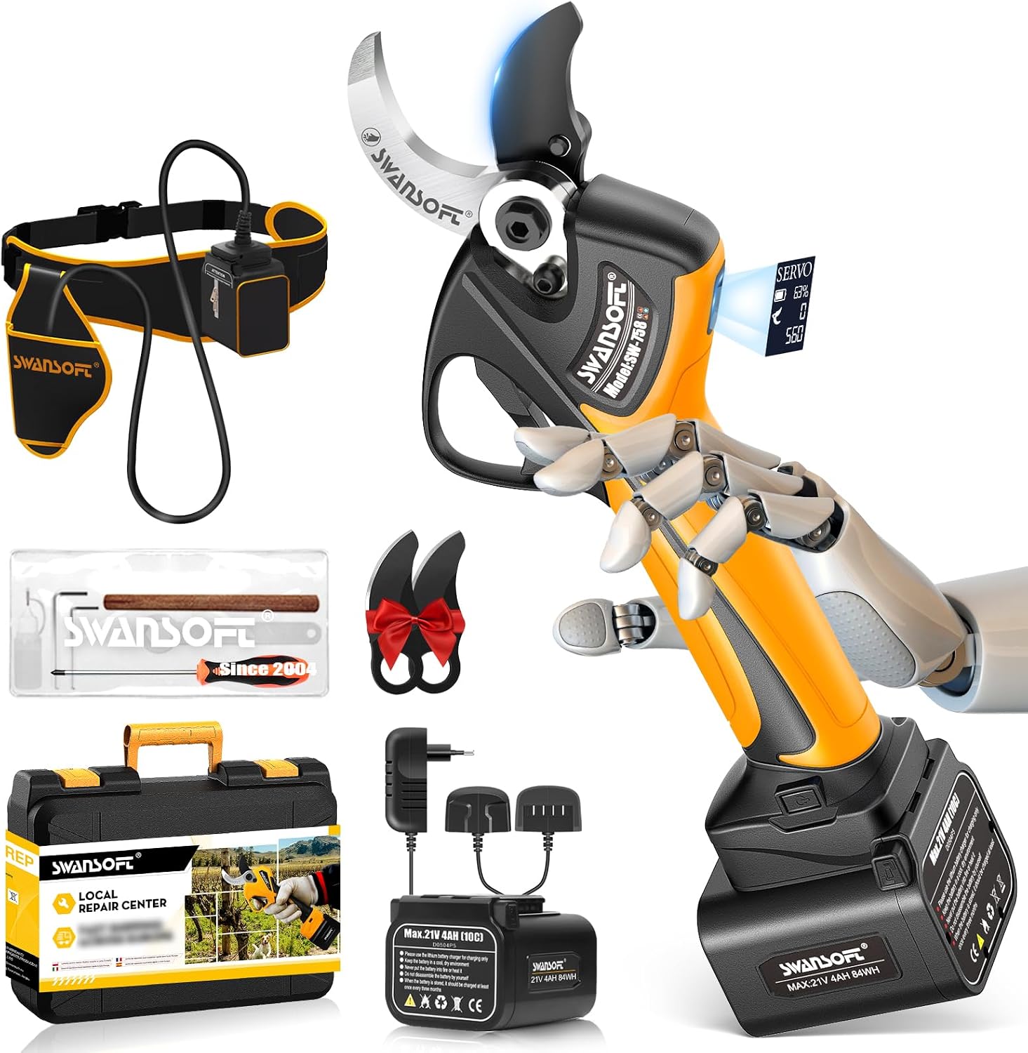 SWANSOFT Sécateur Électrique Sans Fil 40mm, [Mise à Jour Progressive+] ,21V Secateur a Batterie de Jardin 1050W, avec Batteries 4000mAh x2, Professionnelles pour verger, Écran LCD(Jaune)