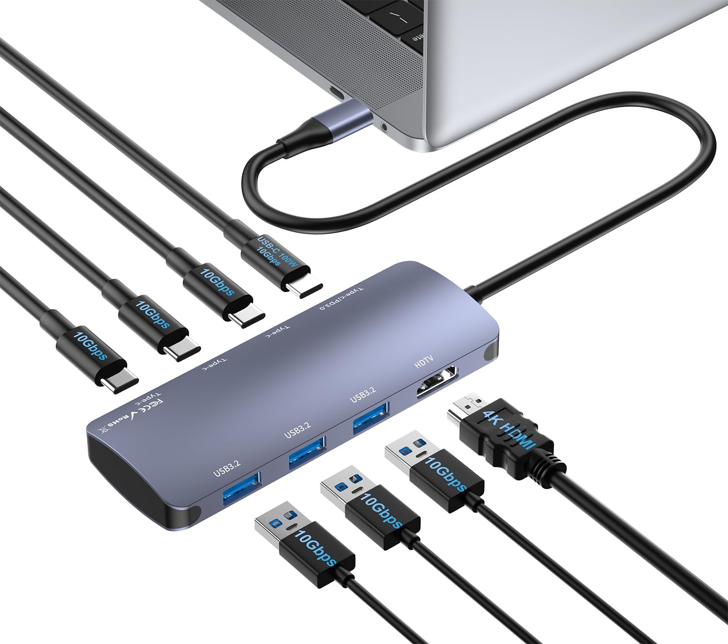 8-en-1 Hub USB C avec HDMI 4K60Hz, 4 USB-C+3 USB-A 3.2 10 Gbit/s, 100W PD