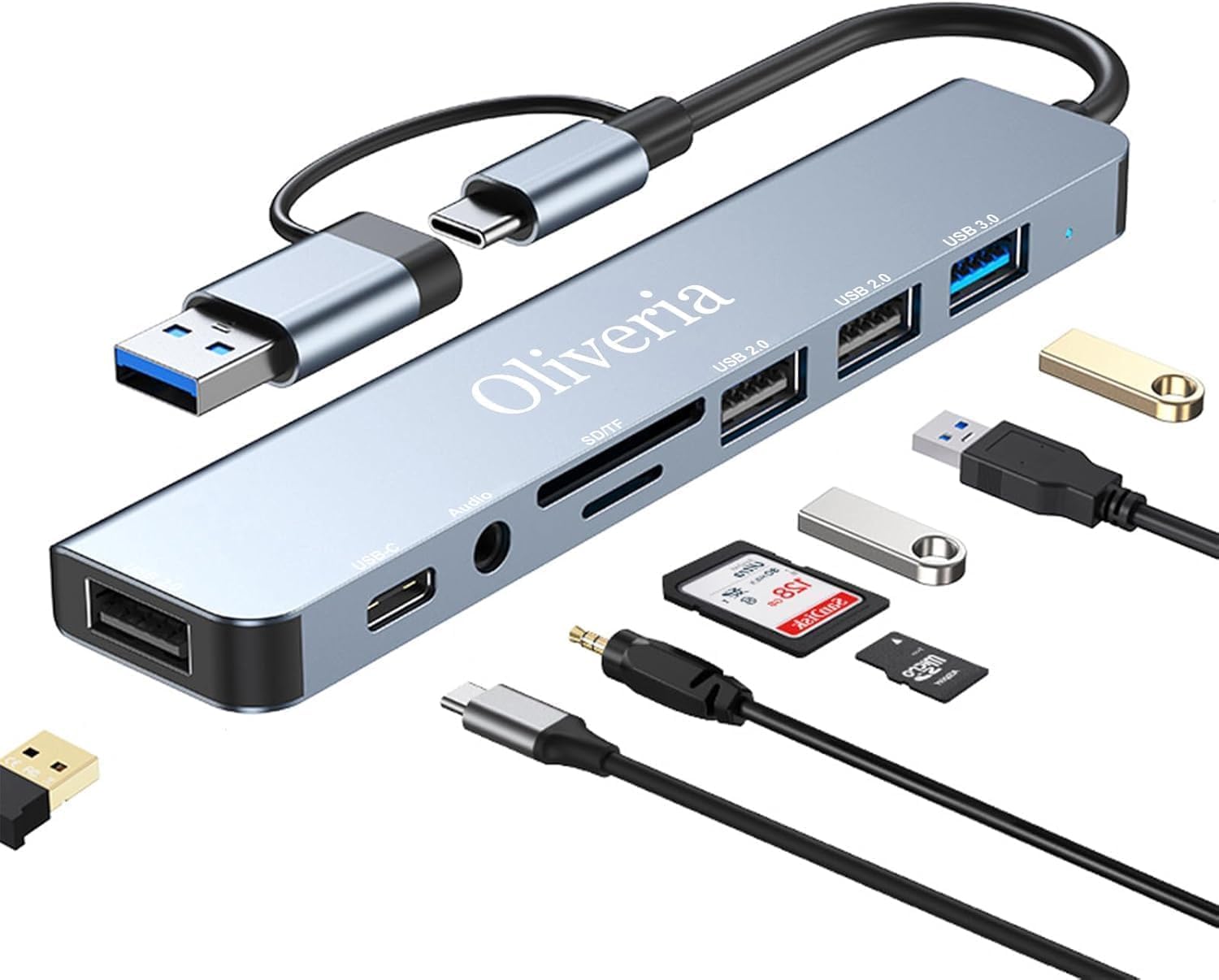 Hub USB C 3.0, adaptateur multiport 8 en 2 avec lecteur de carte SD & TF, ports 3.0 et 2.0, port de type C pour MacBook Air/Pro, Galaxy, iPad, Windows