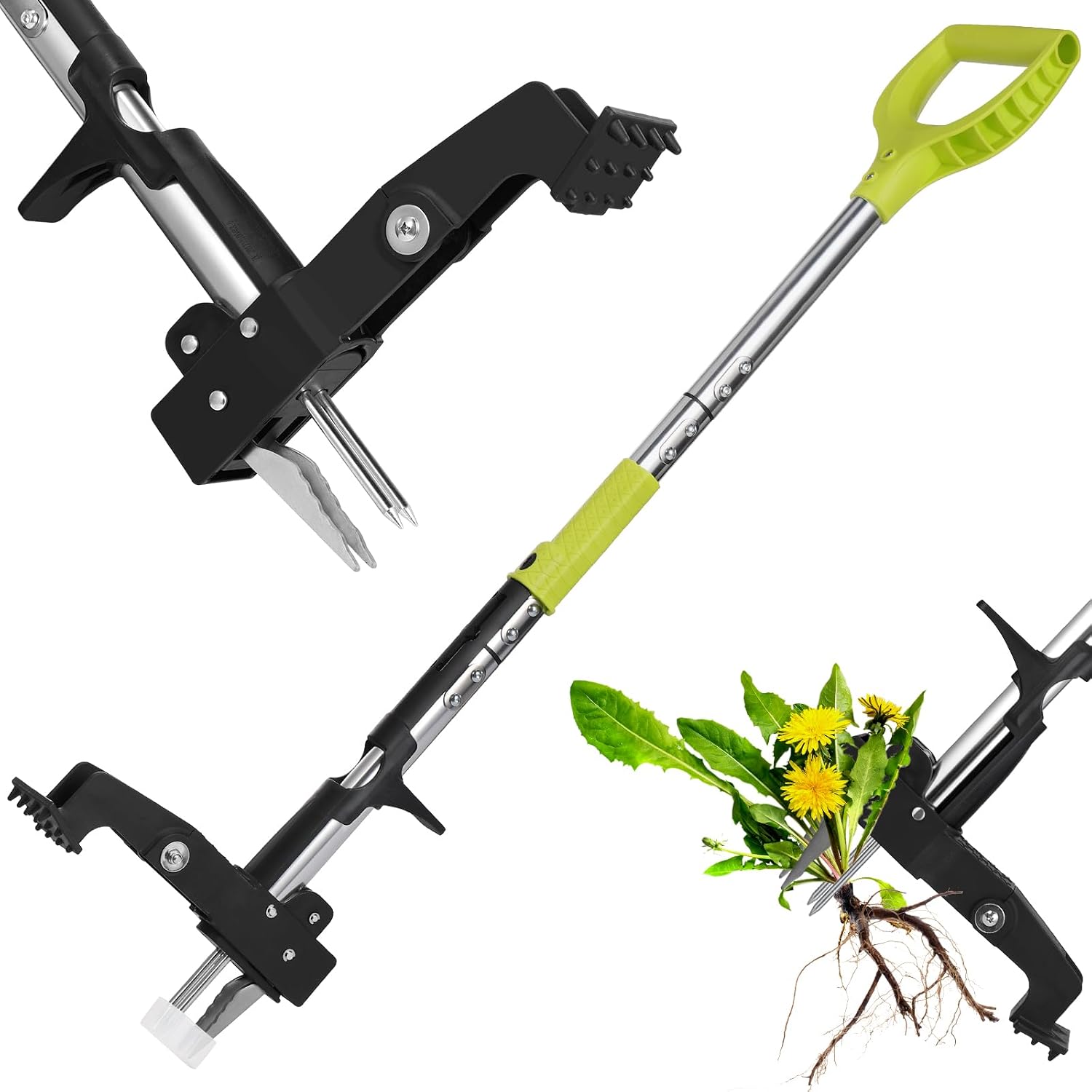 YISSVIC Desherbeur Manuel 108cm en Acier Inoxydable à 4 Griffes avec Pédale Arrache-Racines Télescopique Arrache Pissenlit Poignée Antidérapante Réglable en Forme de D pour Outils Jardinage