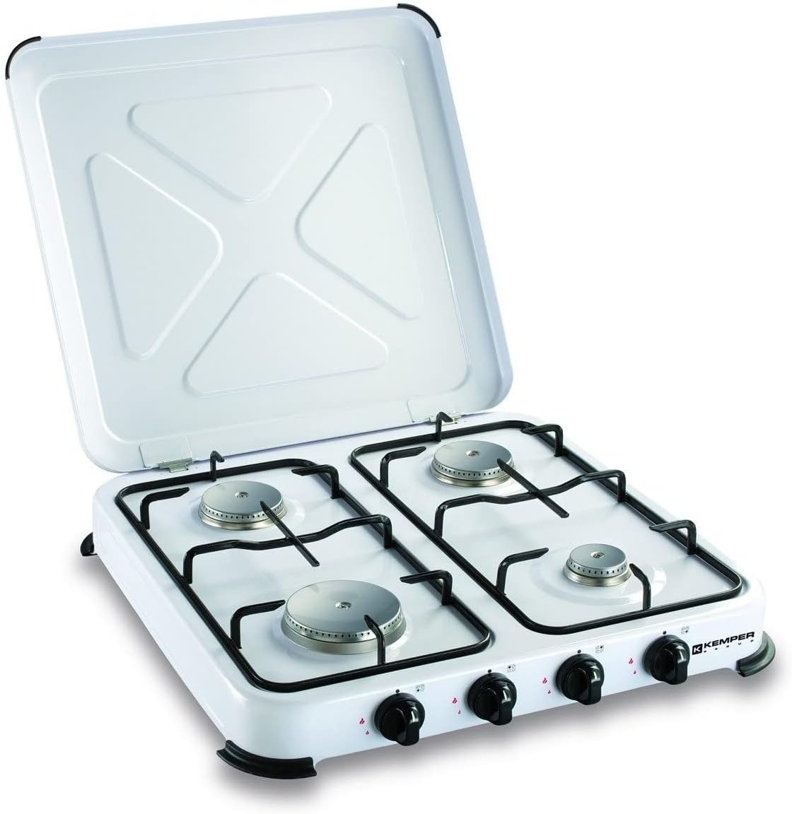 KEMPER - Plaque de cuisson gaz 2 feux portable 2600W Blanc Couvercle amovible - Réchaud Camping Connexion Bouteille de Gaz Butane/Propane simple & sécurisée