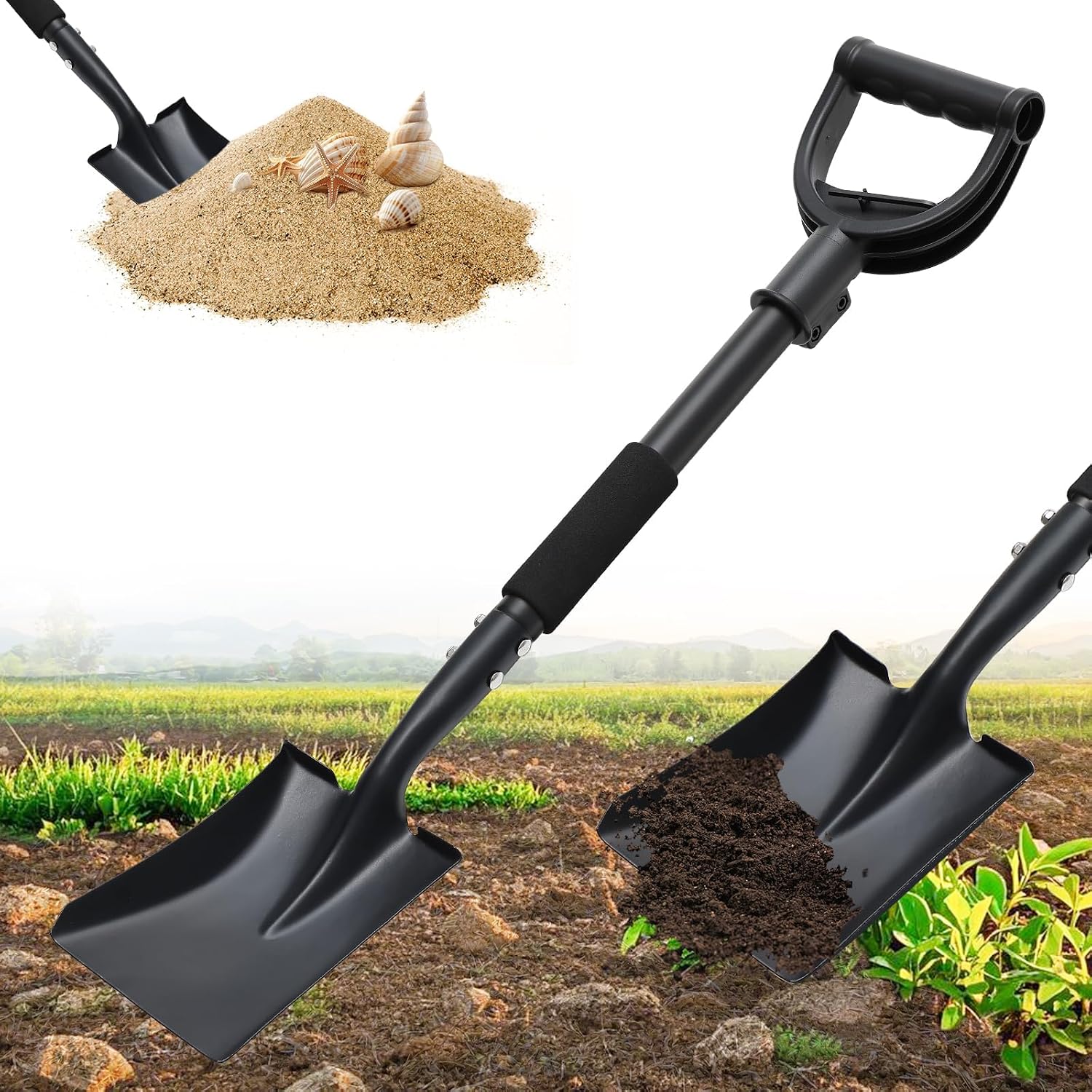 Pelle de jardin avec manche - 77 cm - Robuste - Pour creuser - Pelle de jardin carrée en métal pour le jardin, grand commerce D - Pelle de plage - Pelle à neige pour voiture