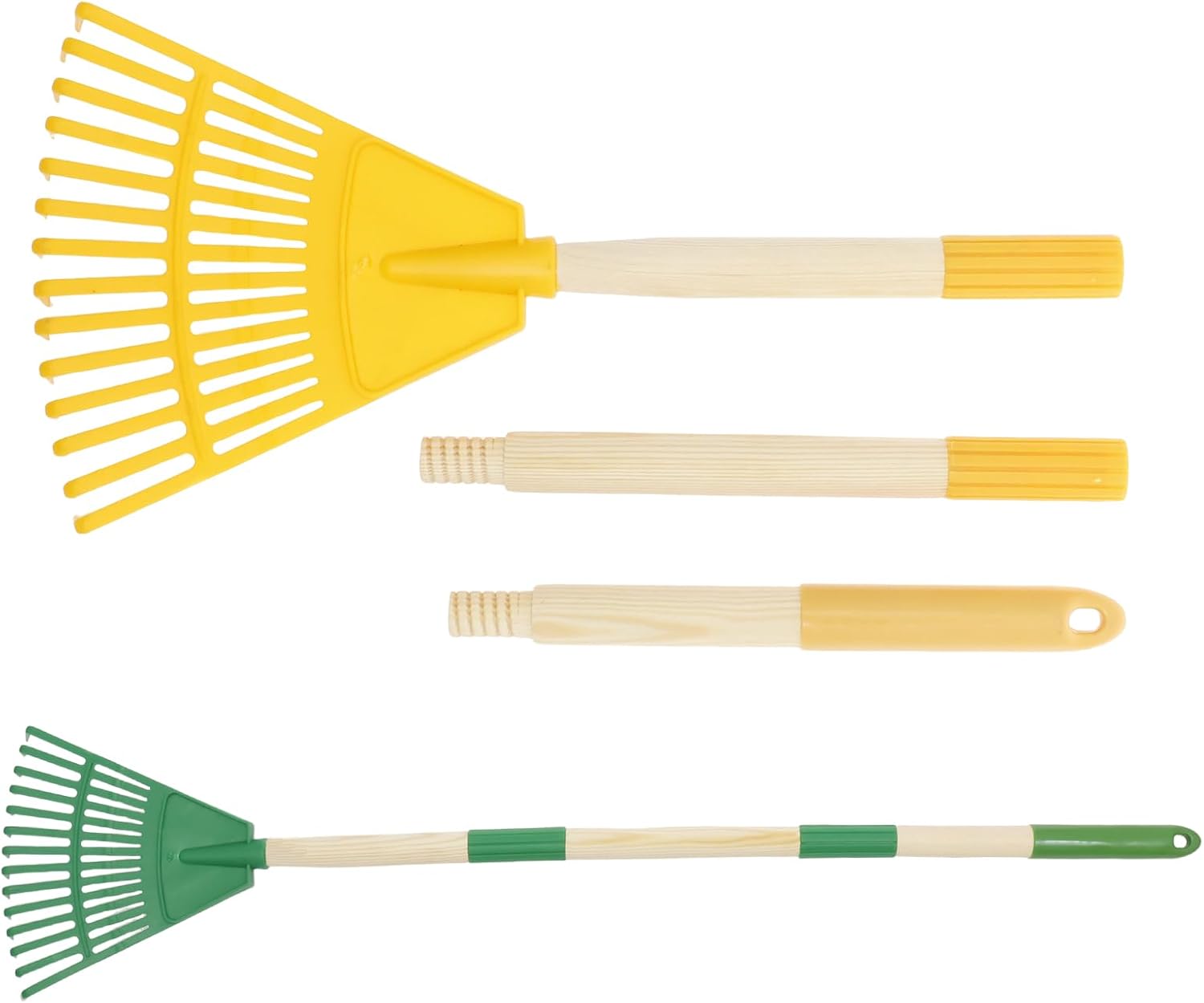 Lot de 2 râteaux à feuilles pour enfants avec 14 dents et manche en bois naturel de 67 cm - Balai à gazon amovible - Longueur totale : 86 cm (jaune et vert)
