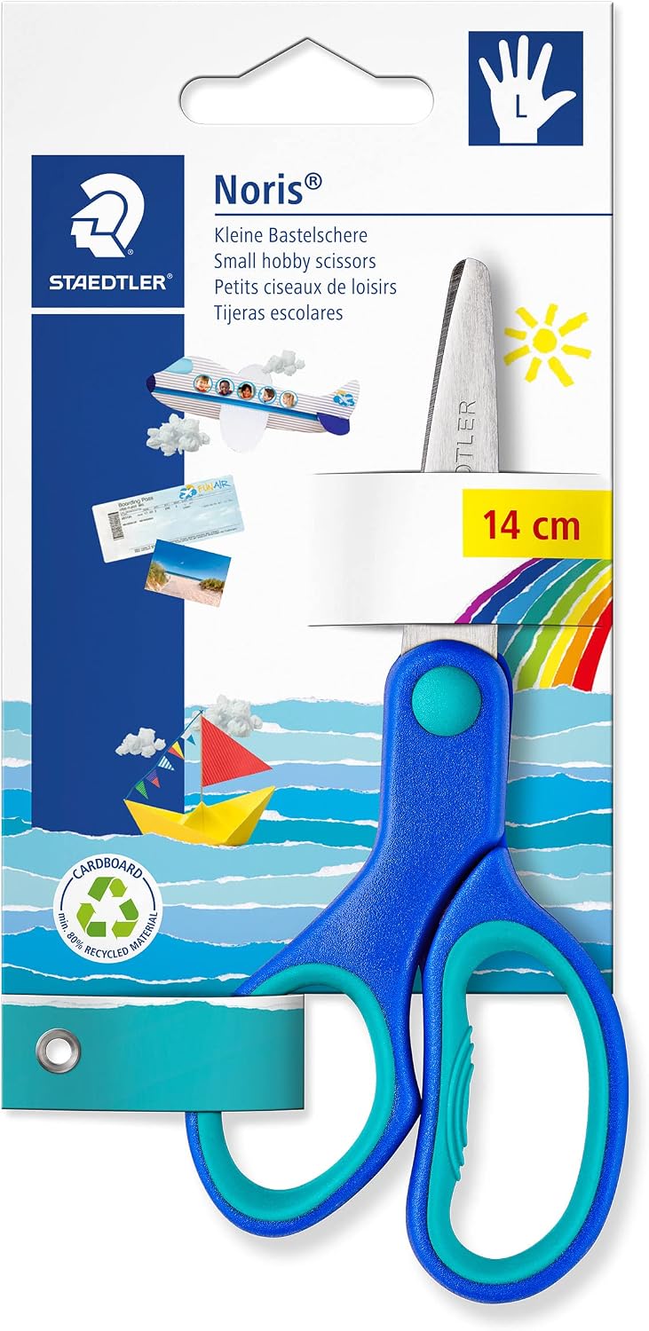 Staedtler Noris 965, Ciseaux gauchers à bouts arrondis, Sécurisés pour les enfants, Étui blister avec 1 paire de ciseaux de 14 cm, 965 14 LNBK