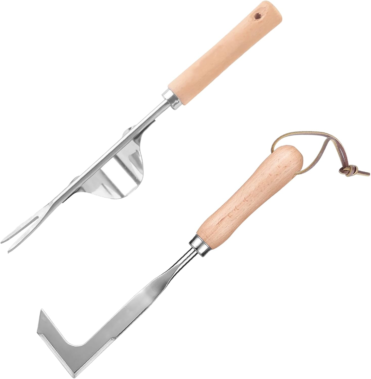 Lot de 2 désherbeurs en acier inoxydable avec manche en bois, râteau de jardin, élimination des racines et des mauvaises herbes, ameublissement du sol, outils de jardinage pour désherber, déterrer les