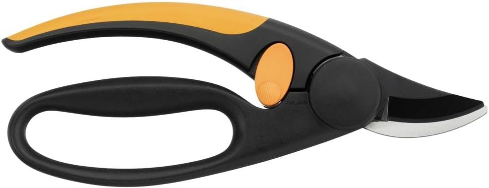 Fiskars Sécateur à lames franches, Diamètre de coupe: 2 cm, Lames en Acier avec revêtement antiadhésif, Longueur: 20 cm, Noir/Orange, Elegance, P44, 1001534