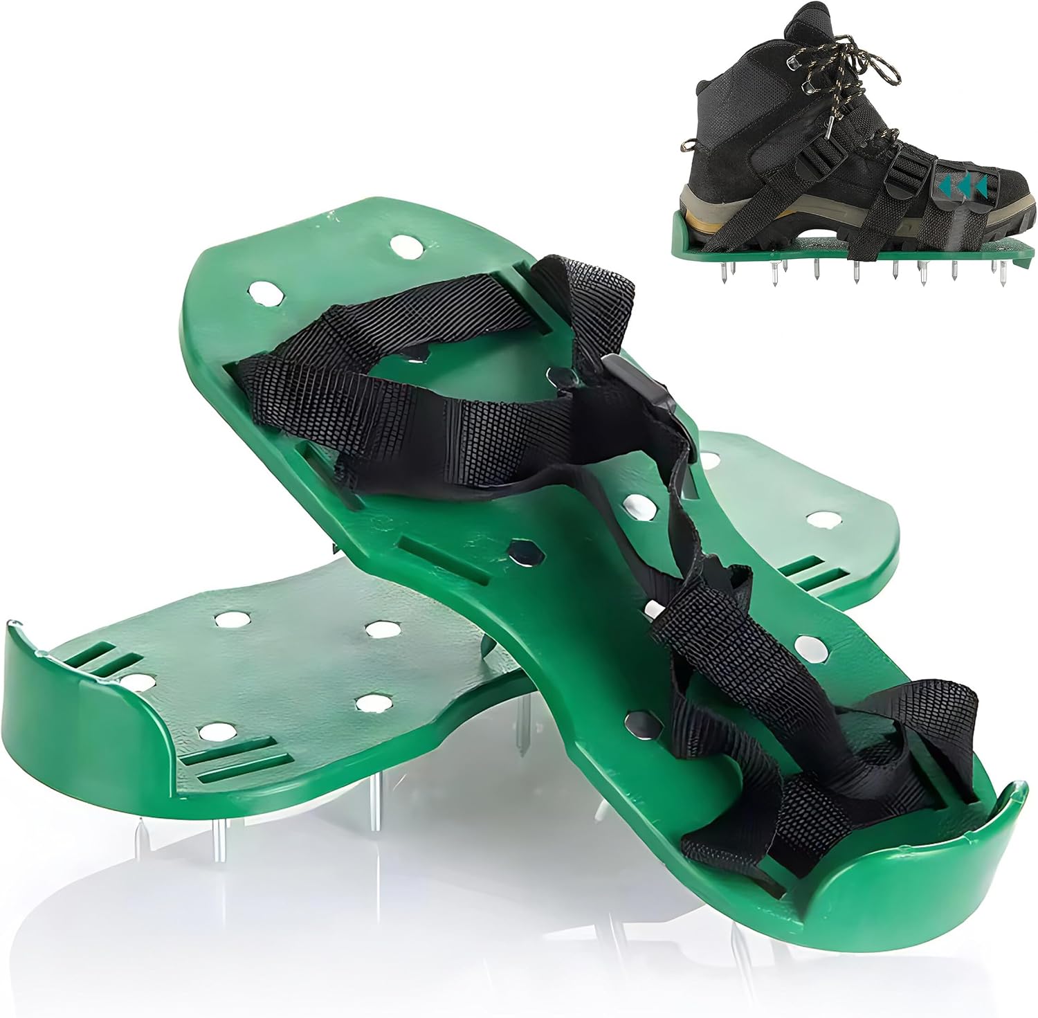 Relaxdays Chaussures de décompactage de Gazon, 13 Pointes, aérateur de pelouse, BT : 32,5 x 15 cm, Noir/Vert