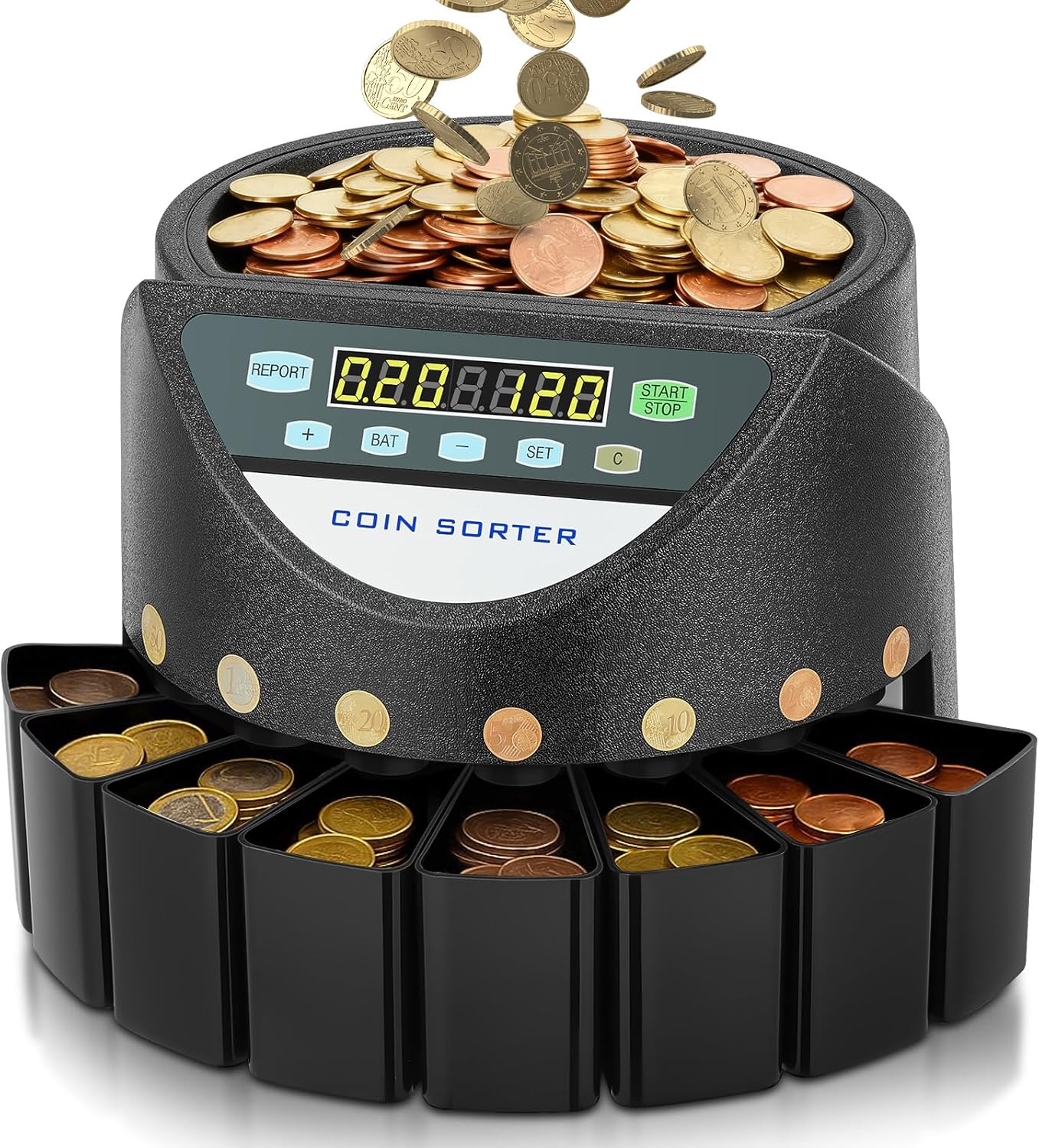 Compteuse de Pieces Euro, Trieuse Monnaie Capacité de 800 pièces, Monnayeur Pièces Euro avec 8 bacs de collecte, Machine à compter des pièces pour écoles, magasins et banques, noir, métro