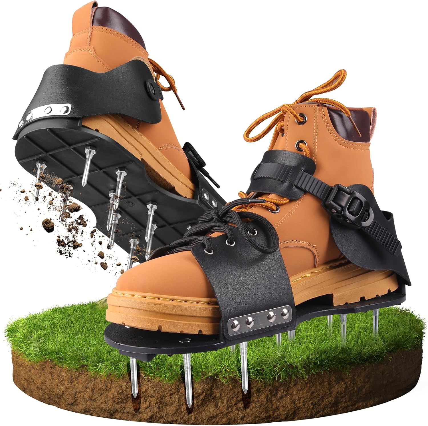 Aérateur Pelouse Chaussure, Aérateur de Gazon Chaussures avec 22 Pointes en Acier Inoxydable, Chaussures pour Gazon- Réglable Grâce à des Sangles pour Jardin Pelouses Amélioration(Noir)