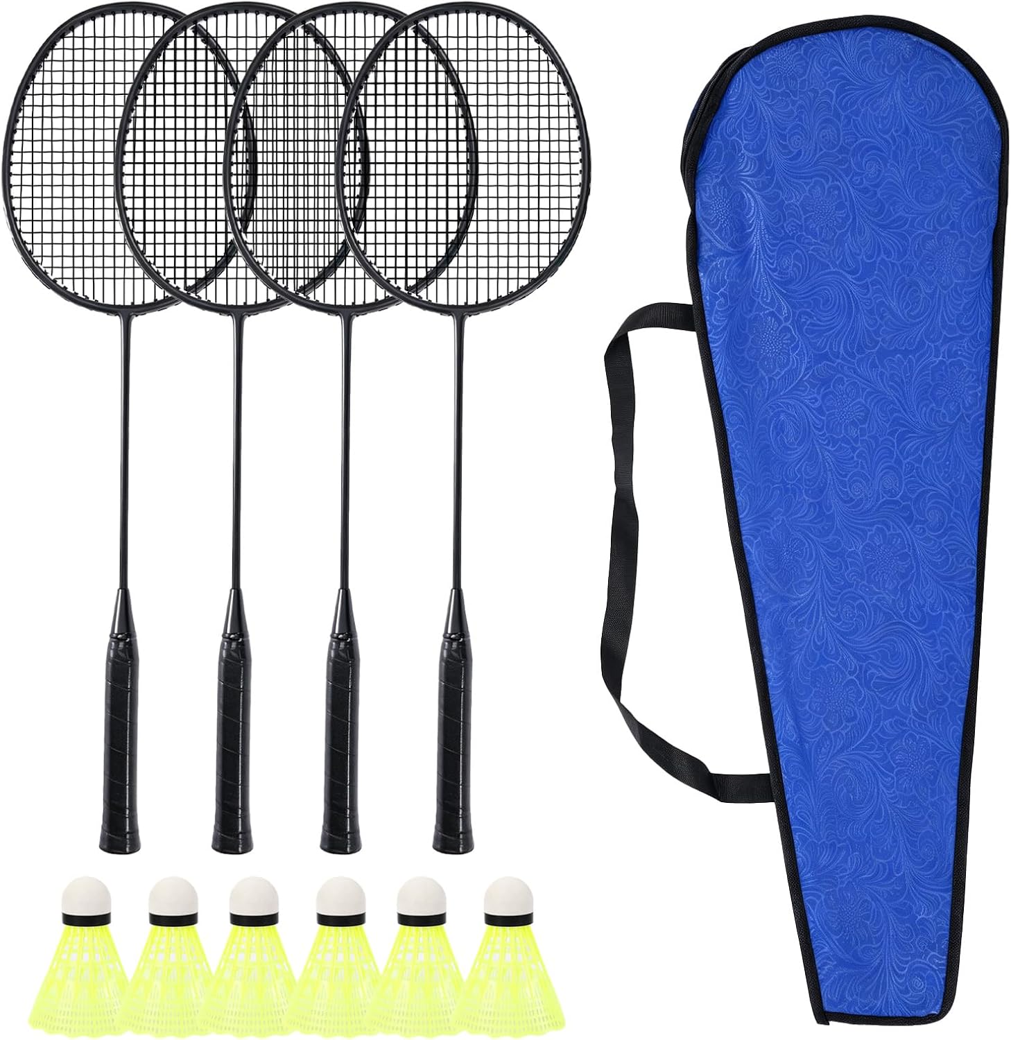 4 Pièces Raquettes de Badminton Adultes, Set Badminton Léger avec Volants et Sac de Transport, Cadre Acier, Poignée PU, Mélange, pour Débutants, Loisir Intérieur Extérieur