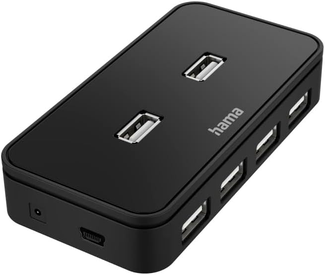 Hama Hub USB 2.0, 7 Ports multiports, 480 Mbit/s, avec câble d’Alimentation Secteur et Interrupteur, Noir