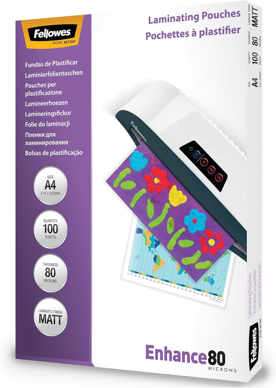 Pochettes de plastification Fellowes au format A4, 80 microns, Pack de 100 Feuilles à plastifier, Finition Mate et de Haute Qualité, Idéal pour les photos et affiches
