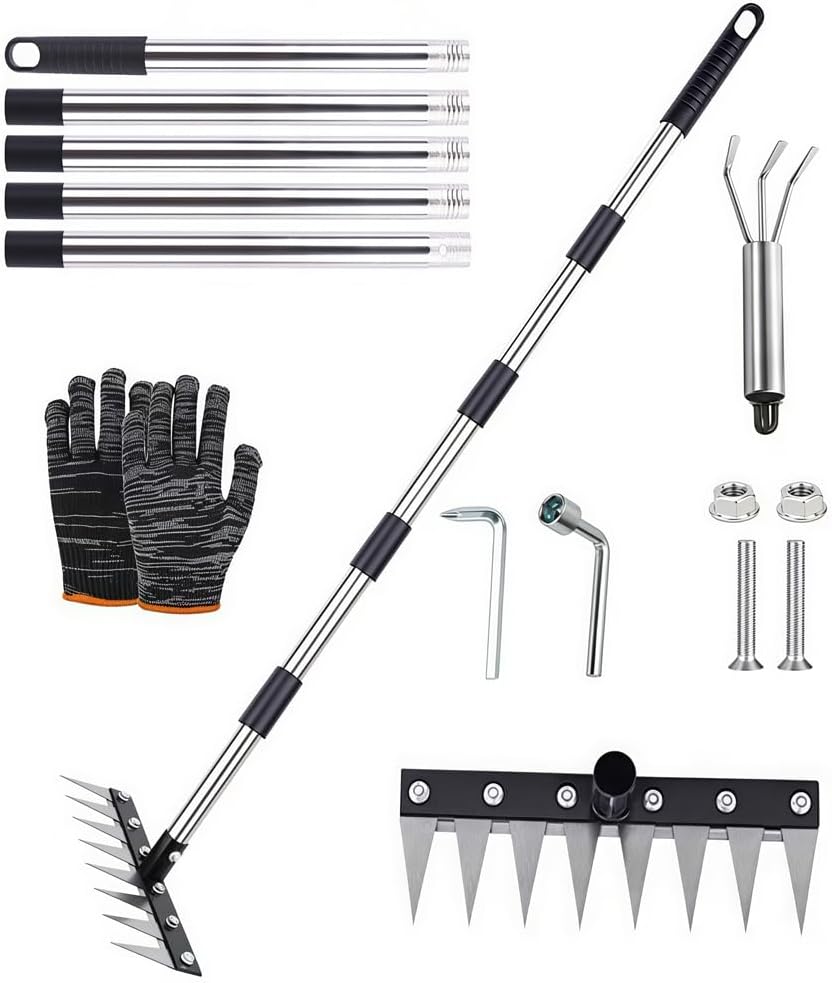 Râteau de Désherbage avec Manche Télescopique 185 cm,8 Dents Rateau Scarificateur en Acier Robuste,Râteau de Désherbage Multifonction en Métal,pour Le Jardin,Le Désherbage,Le Travail du Sol,Le semis