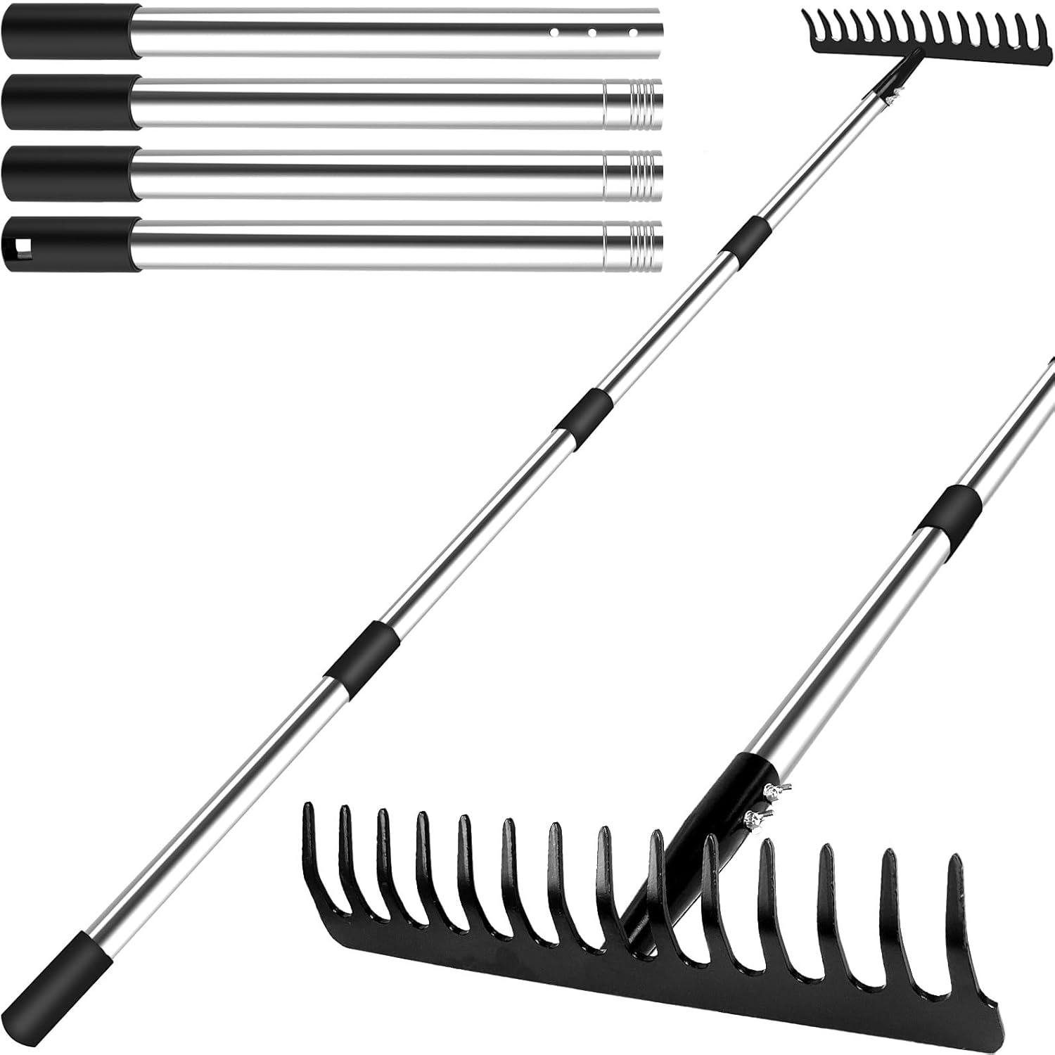 Râteau de jardin avec manche - Râteau de jardin en métal avec 14 dents - Râteau à feuilles avec manche en acier inoxydable pour desserrer le sol et niveler la pelouse - Accessoire de jardin robuste