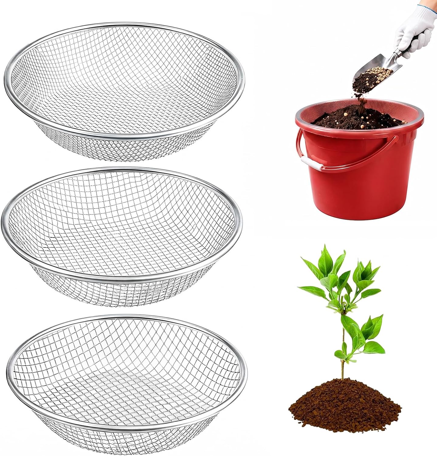 Lot de 3 tamis de jardin de 30 cm, tamis à compost en métal avec mailles de 3/6/10 mm – Tamis de terre robuste pour terre, sable, compost et pierres – Convient aux seaux de 5 gallons, durable
