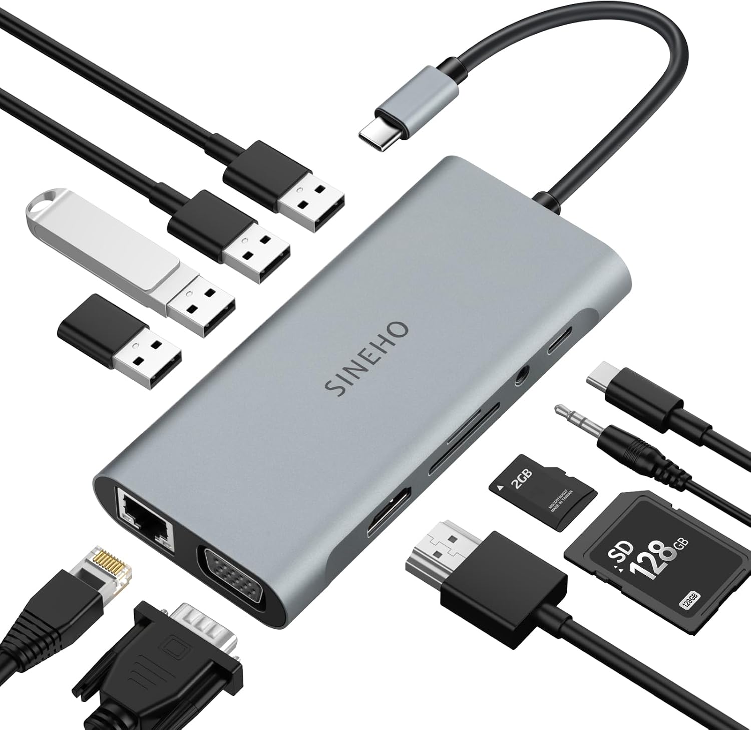 Hub USB C 11-en-1 HDMI 4K VGA Ethernet Lecteur de Cartes SD/TF