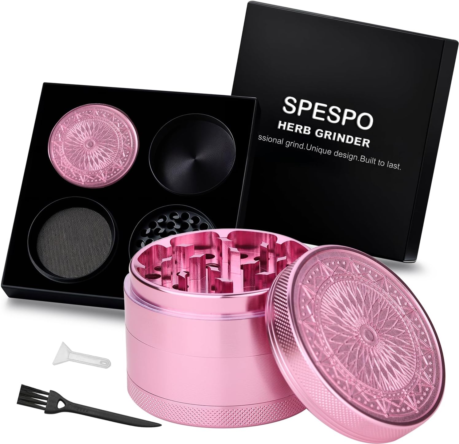 Herb Grinder, Broyeur en aluminium de qualité supérieure 2,5 pouces avec fleur gaufrée, 4 pièces, grand broyeur avec grattoir à pollen (Rose)