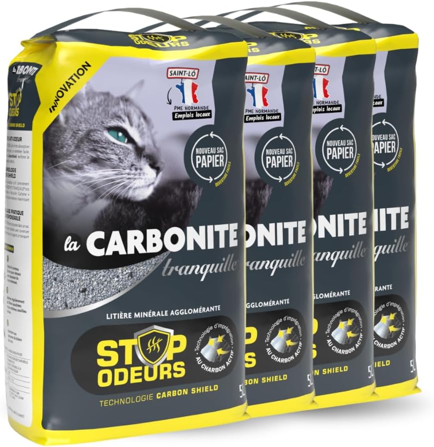 Tranquille - Litière pour Chat - Carbonite Stop Odeurs (4x5L) | Litière Agglomérante Charbon Actif Carbon Shield | Ultra Absorbante, Agglomérante & Anti-Poussière | Contrôle Odeurs
