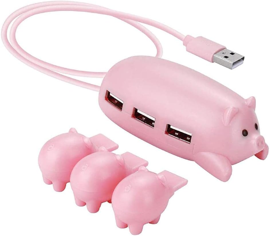 Hub USB 2.0 Mignon Hub USB Rose Cochon avec 3 Couvercles Décoration Porcelet Grands Cadeaux pour Les Amateurs Cochons Objets Cochon Mignon Décor Cochon Hub USB 2.0 pour PC 3 Ports