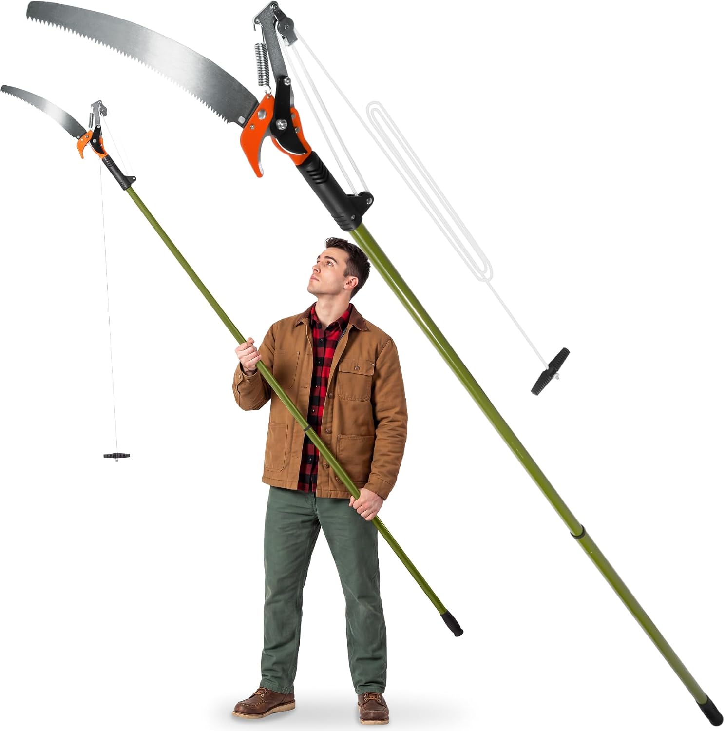 tectake® Coupe branche télescopique 2en1, Hauteur de travail max. 4m, Sécateur à cordon de tirage en nylon, extensible 161-258cm, poignée caoutchoutée, Scie d'élagage, Sécateur d'arbre, Scie de jardin