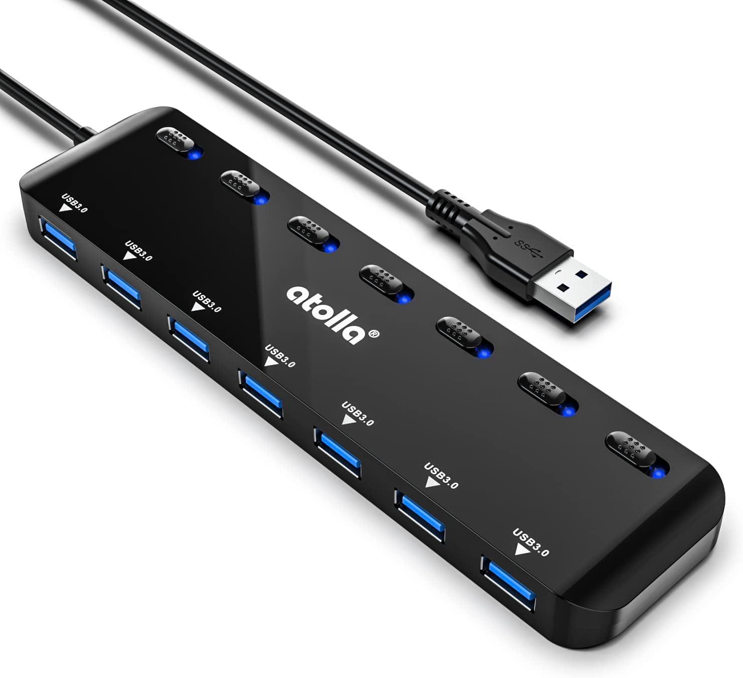 atolla 7 Port USB 3.0 Hub Splitter, Ultra Slim USB Power Strip with Individual Power Switch and LED-100 cm Extension