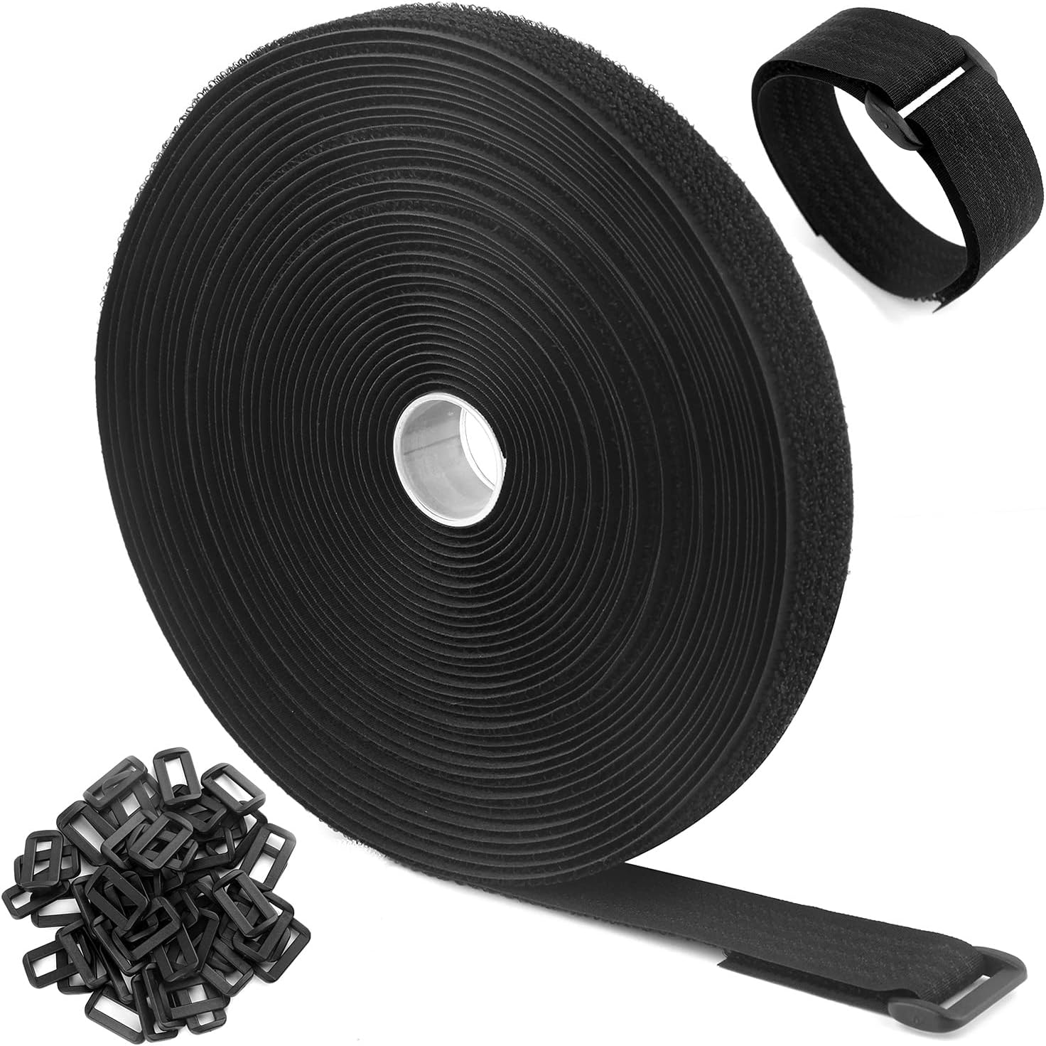Sangles/Attaches de Câble Réutilisables Réglables Noires de 5m Avec 25 Boucles et Sangle de Fixation à Crochet Pour la Gestion des Câbles (5m x 2cm, Noir)