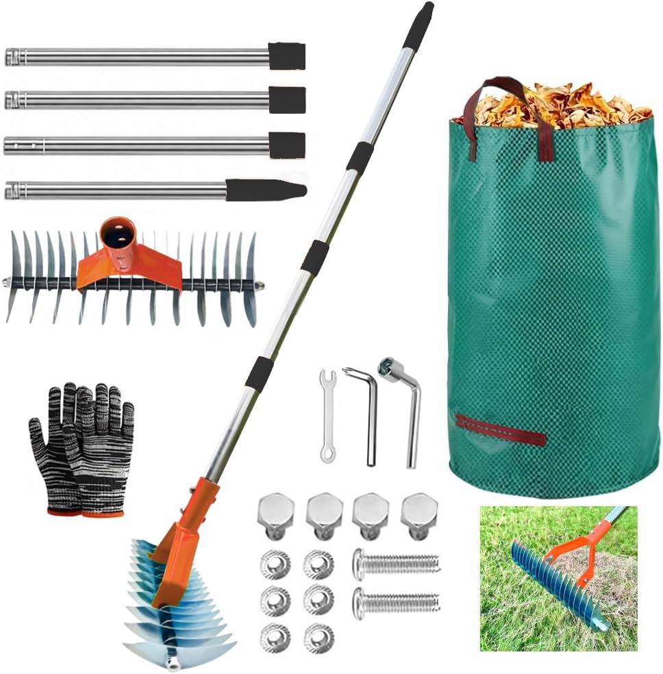 Scarificateur Gazon Manuel avec Manche 163 cm, Râteau Aérateur Sac à déchets de Jardin, pour Nettoyer Les Pelouses Mortes et Réparer Les Jardins (Grün, 163cm)