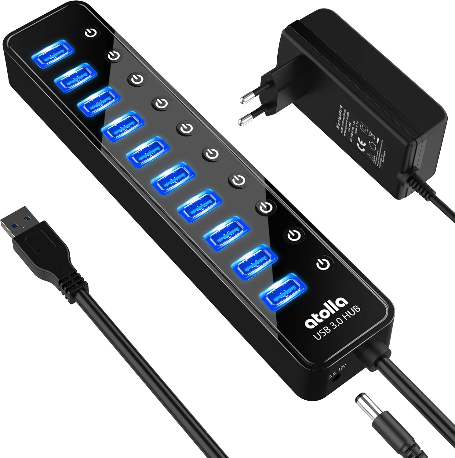 atolla Hub USB 3.0 actif 10 ports avec bloc d'alimentation, hub USB 3.0