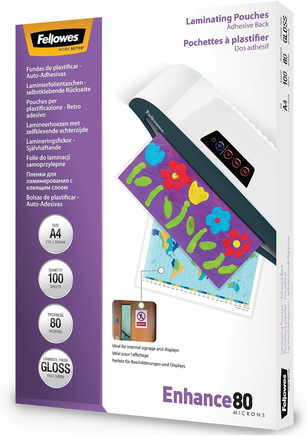 Fellowes pochettes de plastification Admire dos adhésif A4 80 microns lot de 25, finition brillante