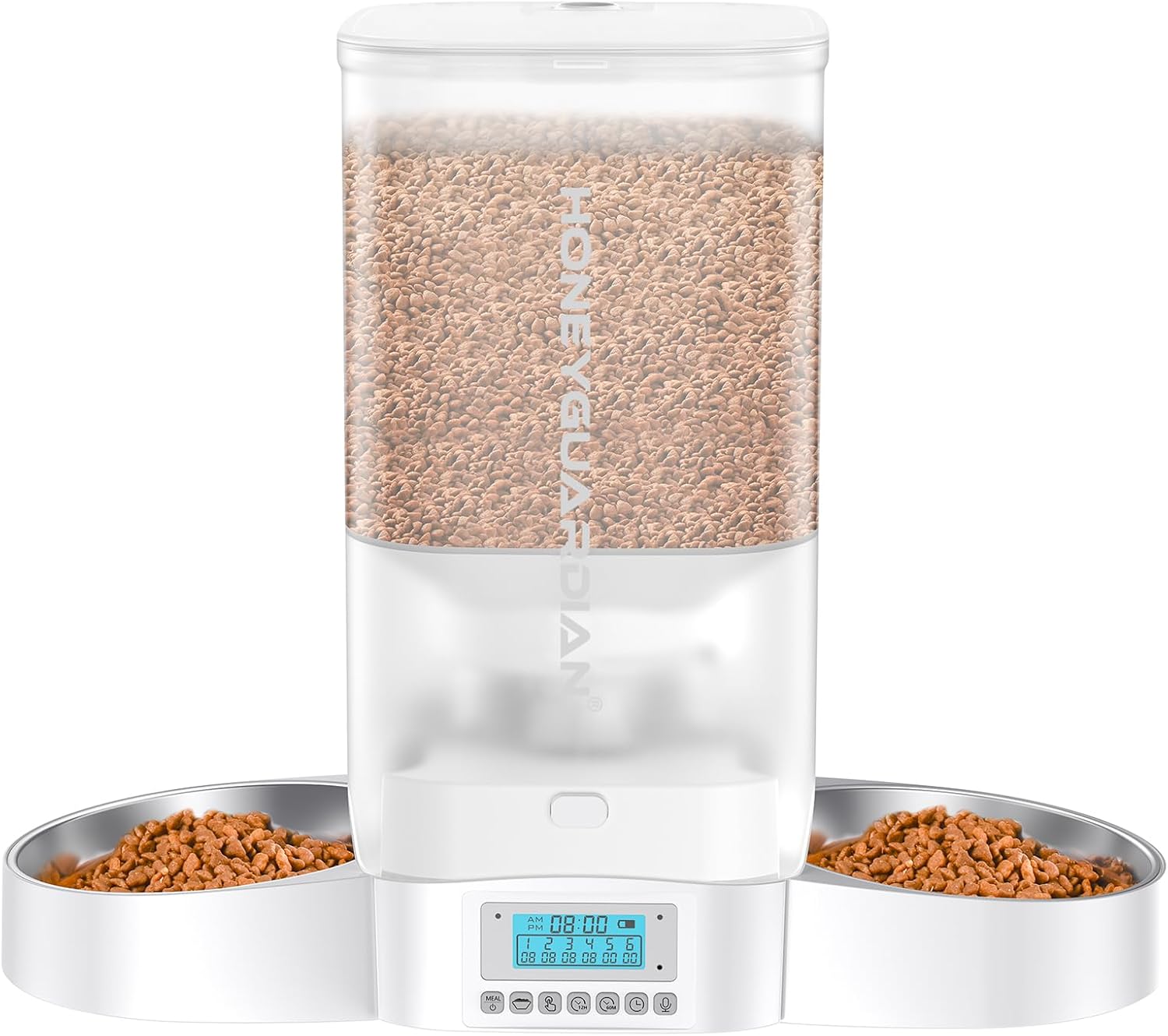 honeyguaridan Distributeur Croquettes 2 Chat Automatique, Répartition Uniforme, 5L Distributeur Croquettes Programmable avec 2 Bols en Acier Inoxydable, 10s Enregistrement Vocal, 1-6 Repas/Jour