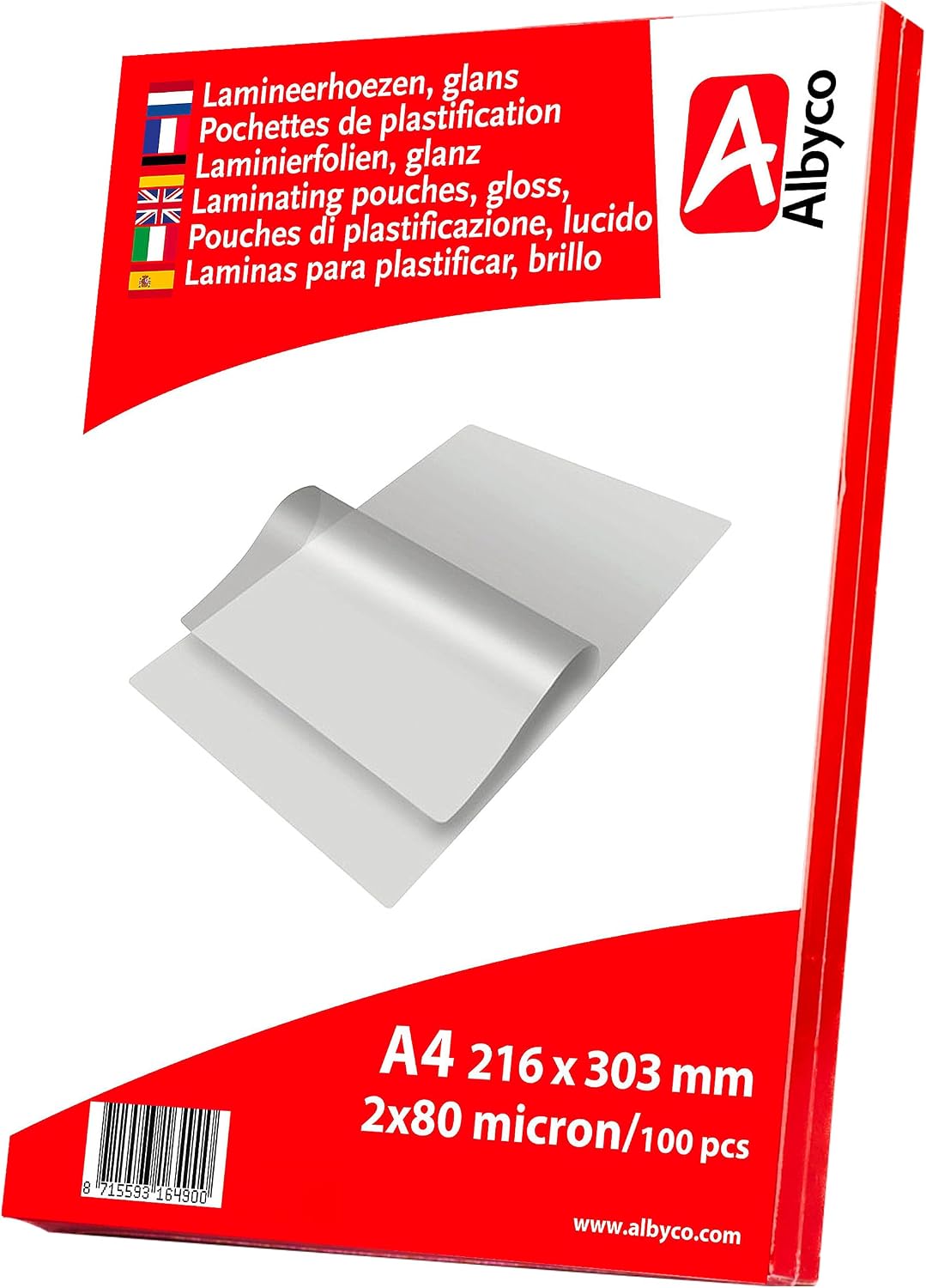 100x Albyco Pochettes de Plastification -A4 (216x303mm) - Ép. 2x80 (160) µm
