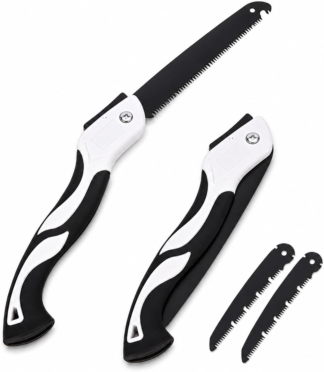 Scie pliante avec 2 lames de rechange en acier SK5 – Scie d'élagage avec poignée ergonomique antidérapante et verrouillage de sécurité, pour jardinage, taille des arbres, camping et extérieur