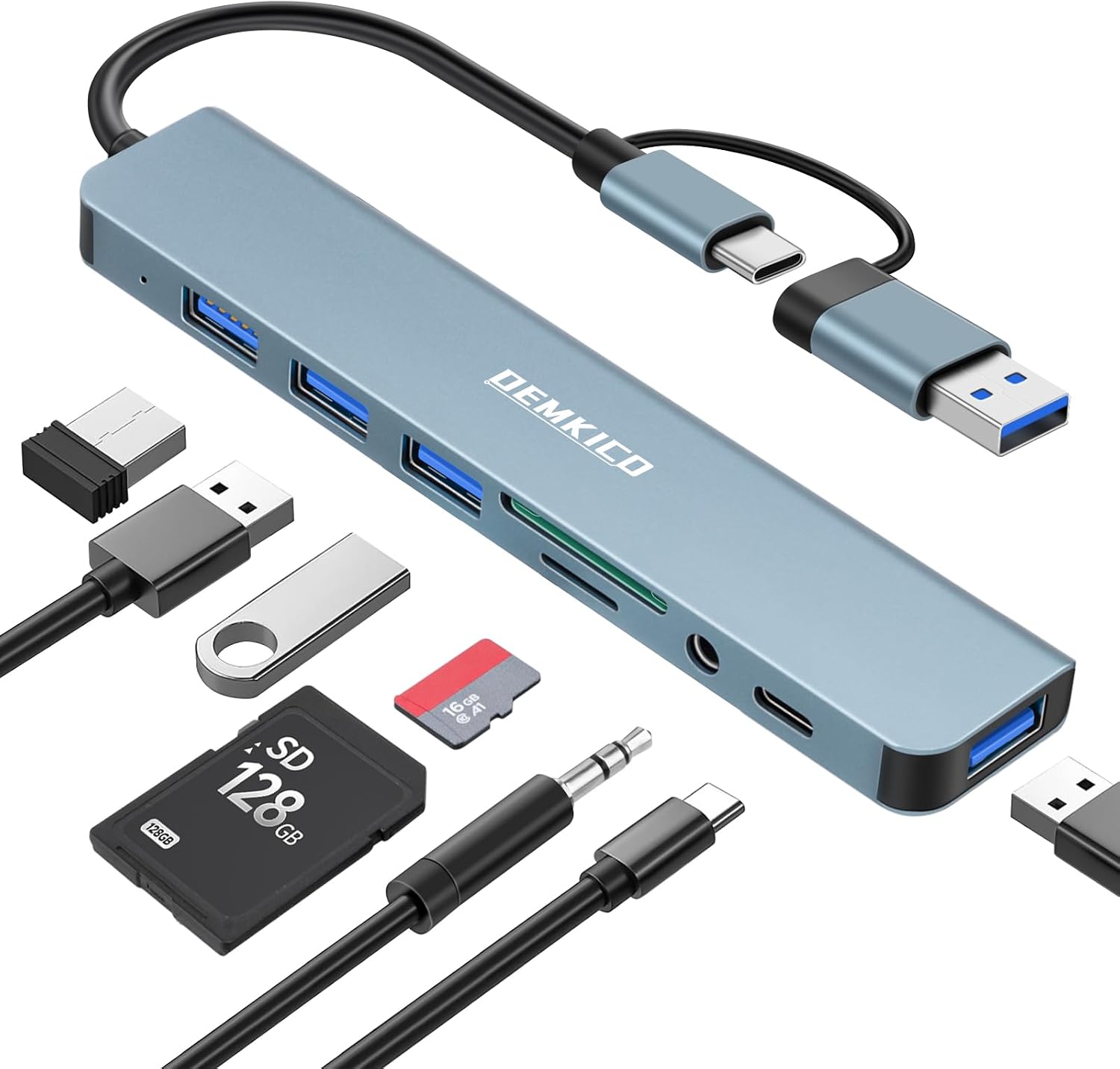 Hub USB C 8-en-1 avec 4 Ports USB et Lecteur SD/TF (Gris)