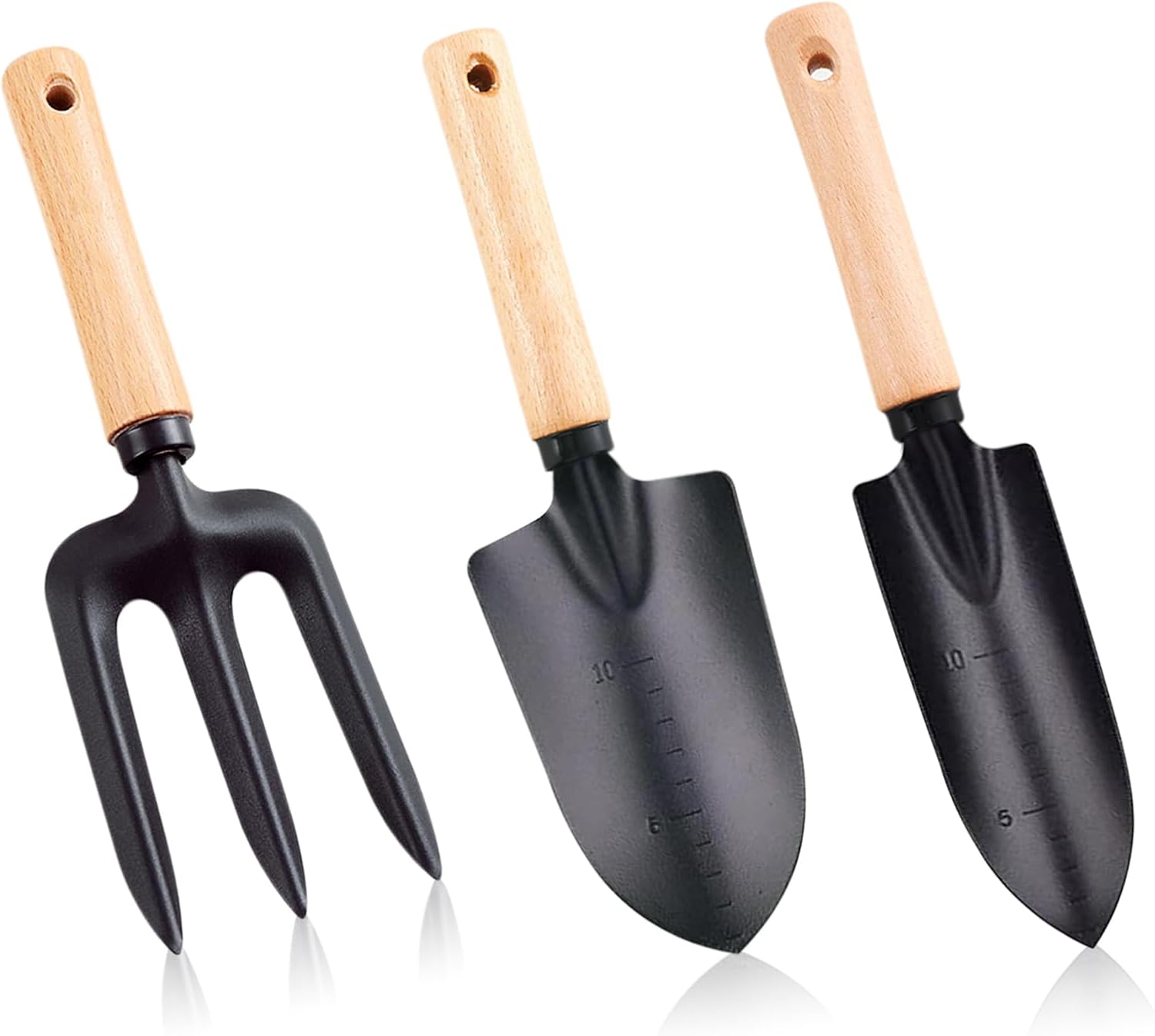 Lot de 3 outils de jardin de qualité supérieure - Manche en bois - Pelle de jardin portative - Petite pelle étroite - Râteau - Outils de jardin pour bonsaï - Plante et fleurs en pot