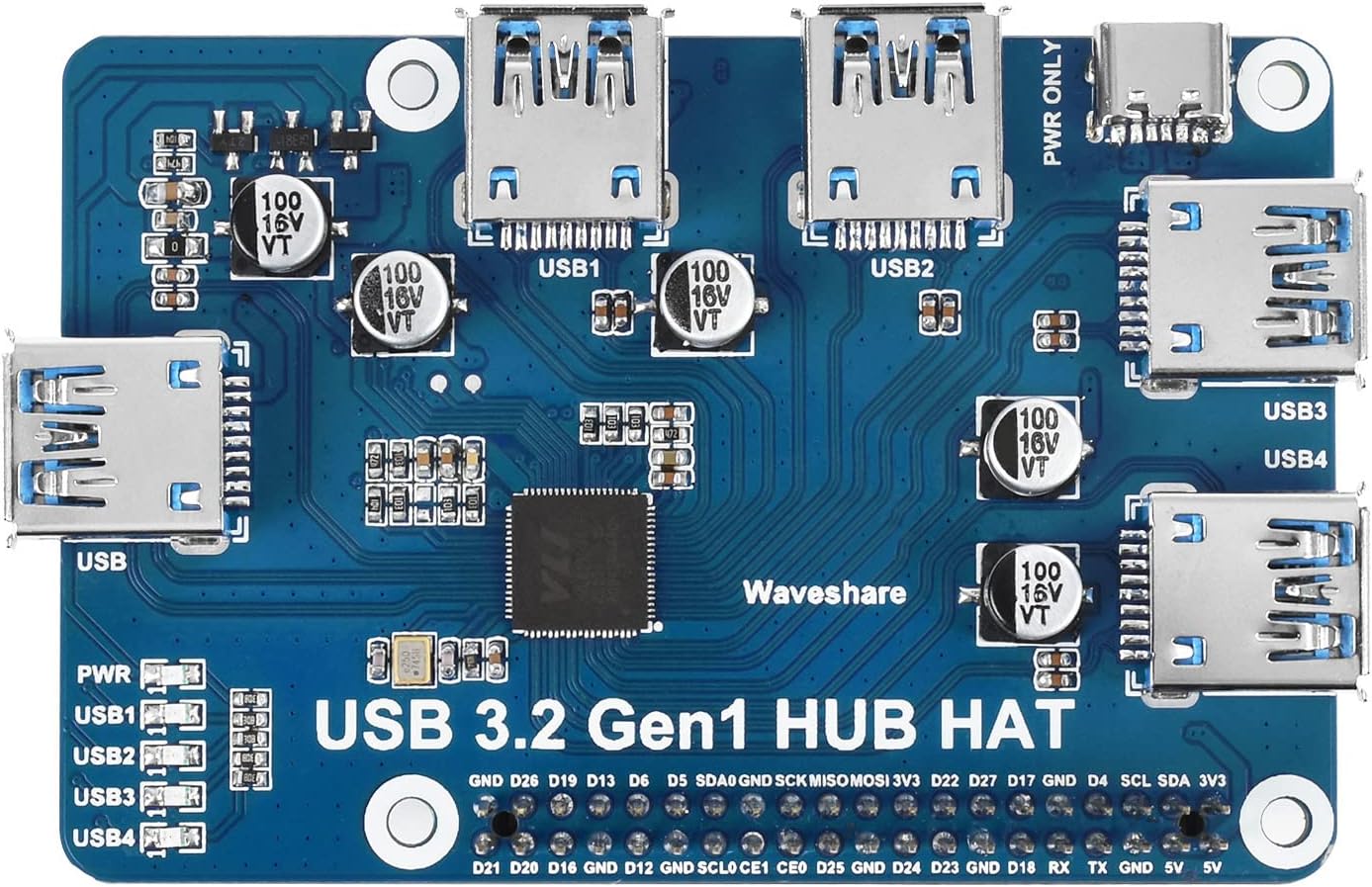 Waveshare USB-3.2-Gen1-HUB-HAT for Raspberry Pi, 4X USB 3.2 Gen1 Ports, Driver-Free