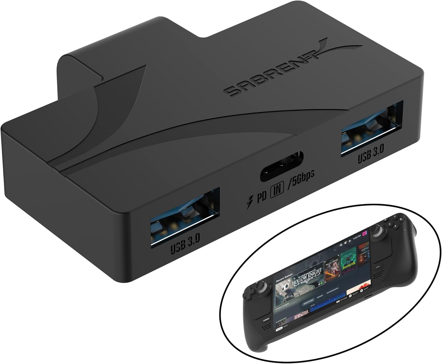 SABRENT Hub de Jeu USB Type-C à 3 Ports pour Steam Deck | USB 3.2 5 Gbit/s, Double Ports USB-A, Charge PD, Design Compact (HB-STDK)