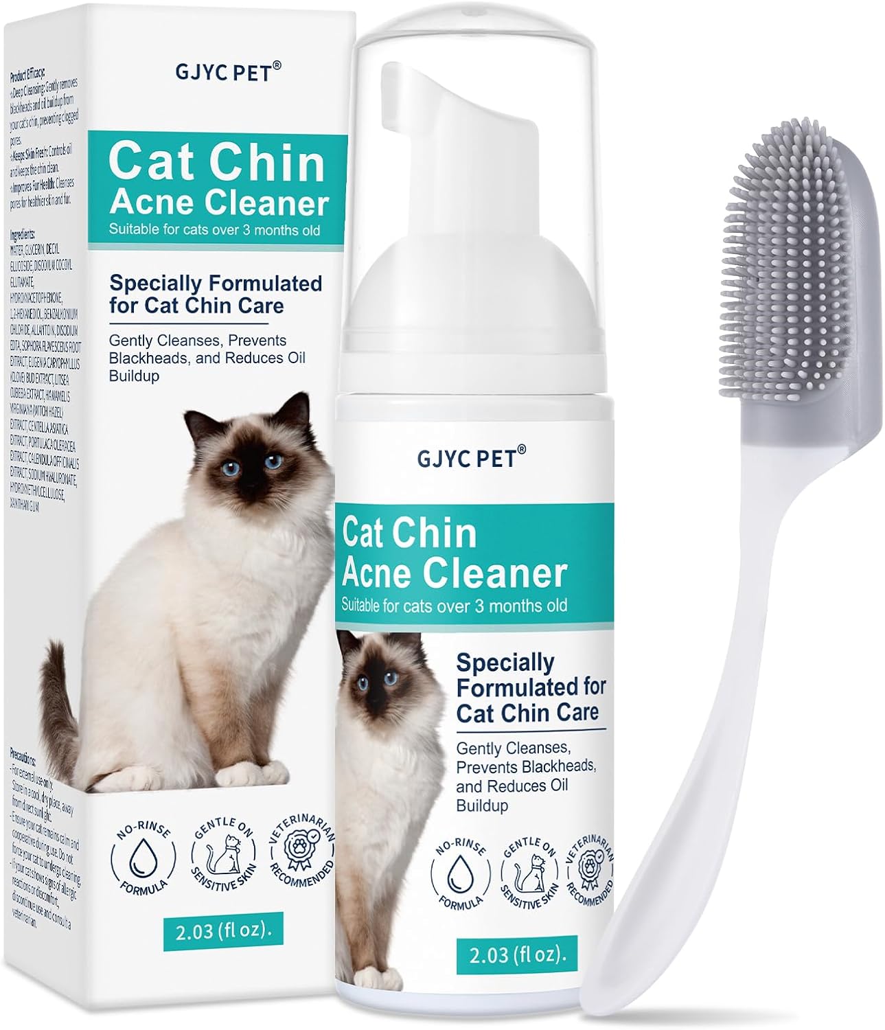 Décapant de l'acné du menton pour chat, nettoyant pour points noirs du menton de chat, formule en mousse à rincer avec des ingrédients doux avec brosse de massage nettoyante