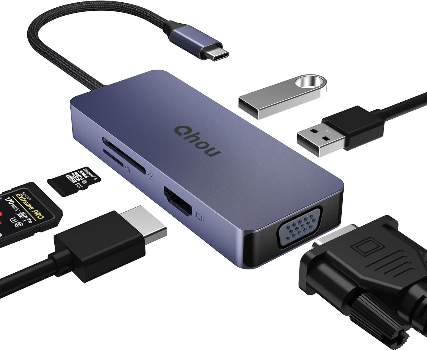Hub USB C 6-1 avec 4K HDMI, VGA, 2 USB 2.0, Lecteur de Carte SD/TF Adaptateur USB C pour MacBook Pro/Air, Dell, HP, Lenovo Pro, Dell/HP/Lenovo