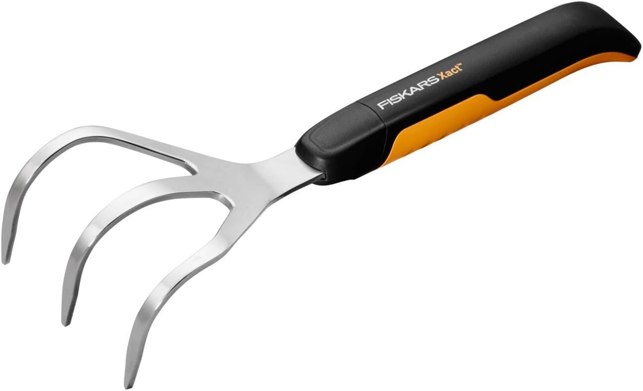 Fiskars Griffe de jardin à 3 dents, Longueur : 32,3 cm, Largeur: 9,2 cm, Noir/Orange, Acier inoxydable/Plastique, Xact, 1027047