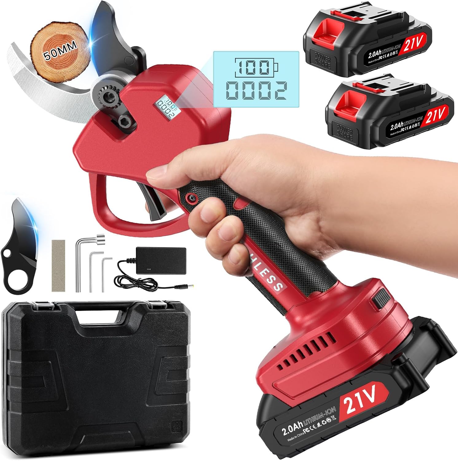 Sécateur Électrique Sans Fil, 2 in 1 Sécateur Télescopique Électrique 2,4M, 40mm Secateur Electrique, avec 2x2.0Ah Batteries, pour la Taille, le Jardinage, les Arbres Fruitiers et le Vignoble