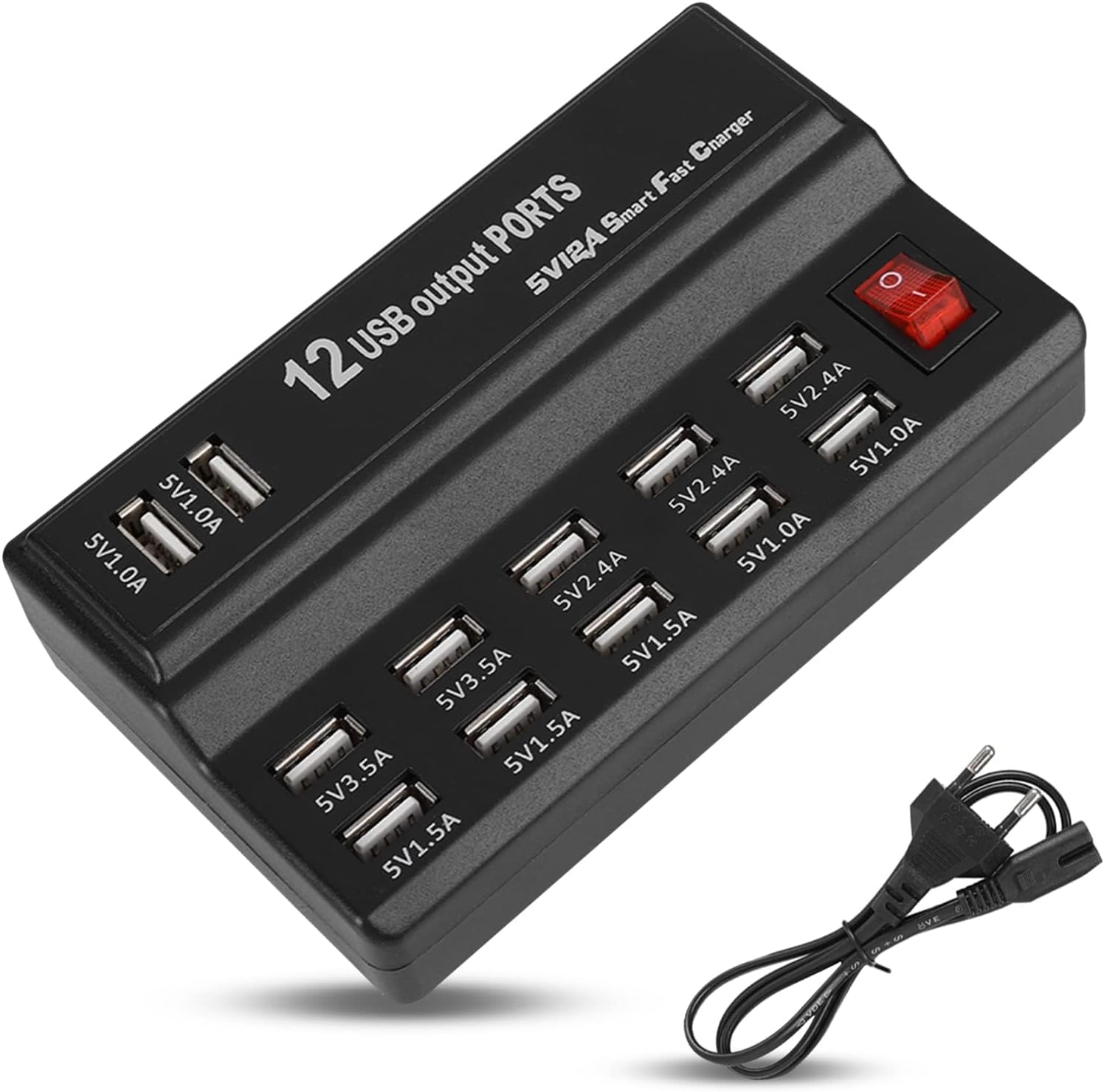 Station de Charge USB 12 Ports, 5V 10A Adaptateur Secteur Hub Chargeur USB Multi Ports Portable pour Adapté Téléphone Tablette et Autres Appareils de Charge (EU)