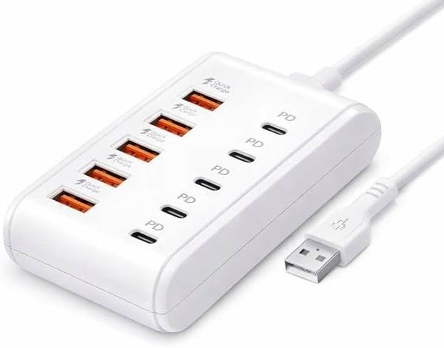 Hub USB Chargeur Rapide Multiple 10 Ports, 5 USB-A + 5 USB-C, HUB 3.0 QC Adaptateur 65W Station Charge Multiport, Hub pour iPhone, Tablette, Android, iPad, Mac, PC, Bureautique