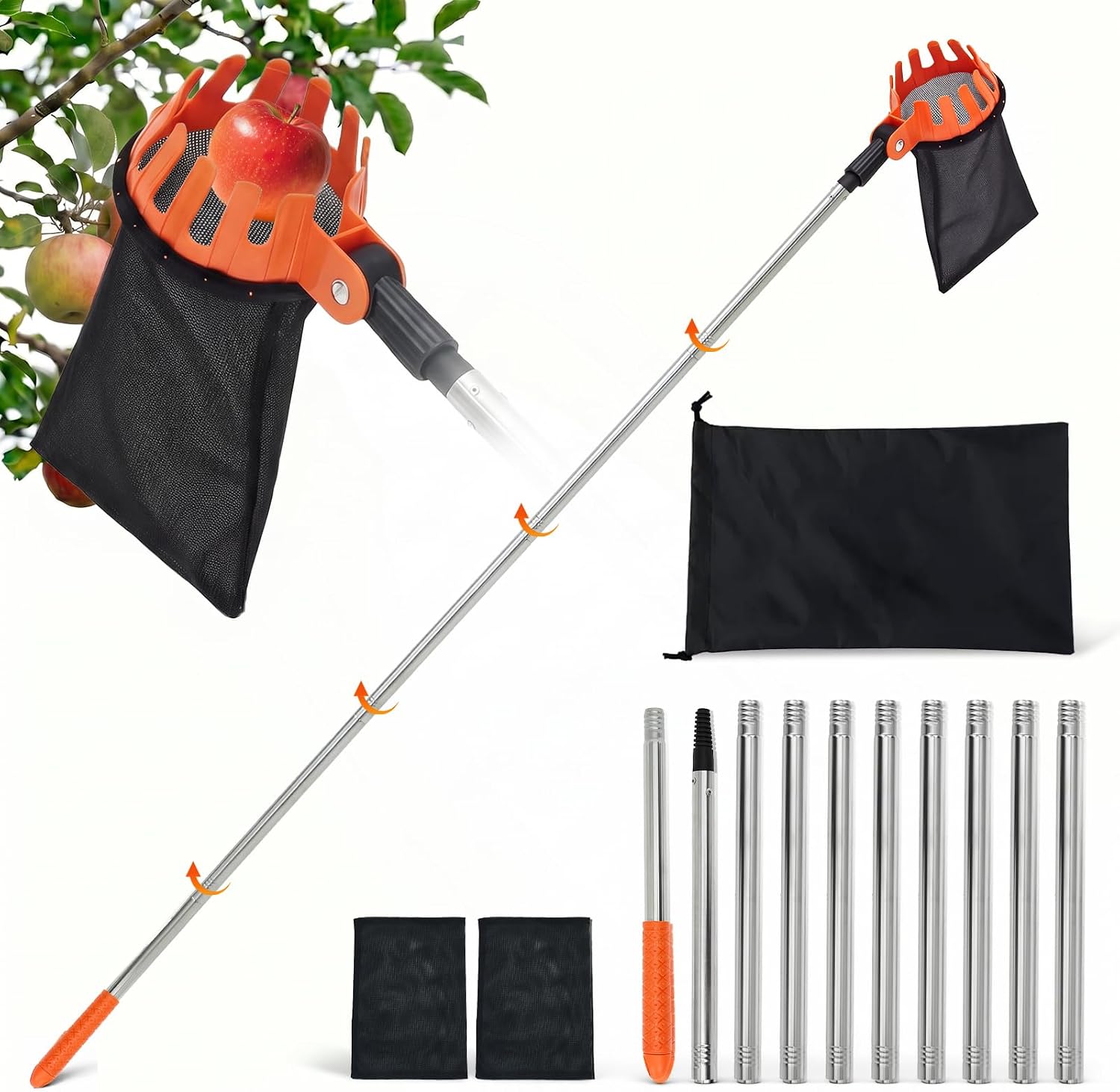 HAUSPROFI 4m Cueille Fruit Telescopique, Cueille Cerise avec Sac de Rangement,Cueille Pomme Griffe Réglable à 180°, en Acier Inoxydable, Cueillette Cerise pour Raisins, Poires et Pêches, Diamètre 16cm